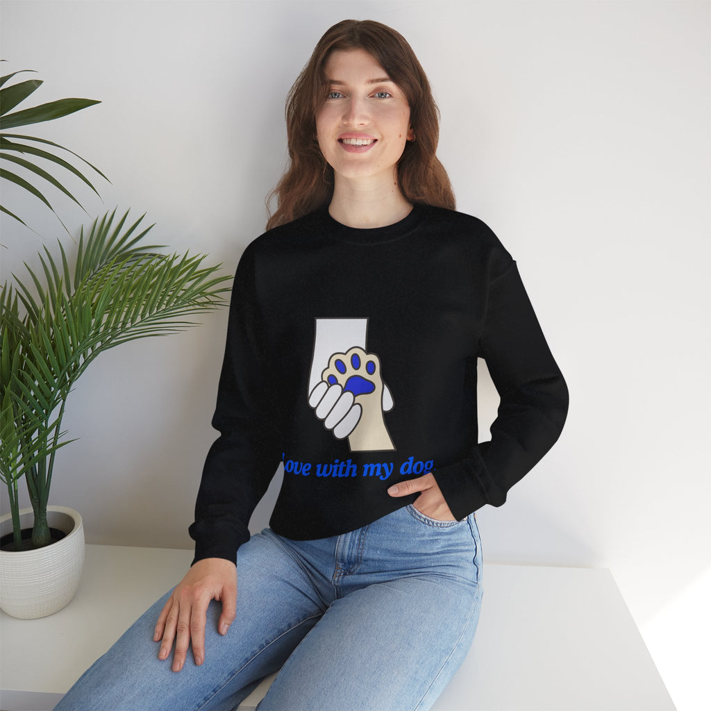 Dog Lover Crewneck Sweatshirt — "Love with my dog." Paw & Hold Graphic