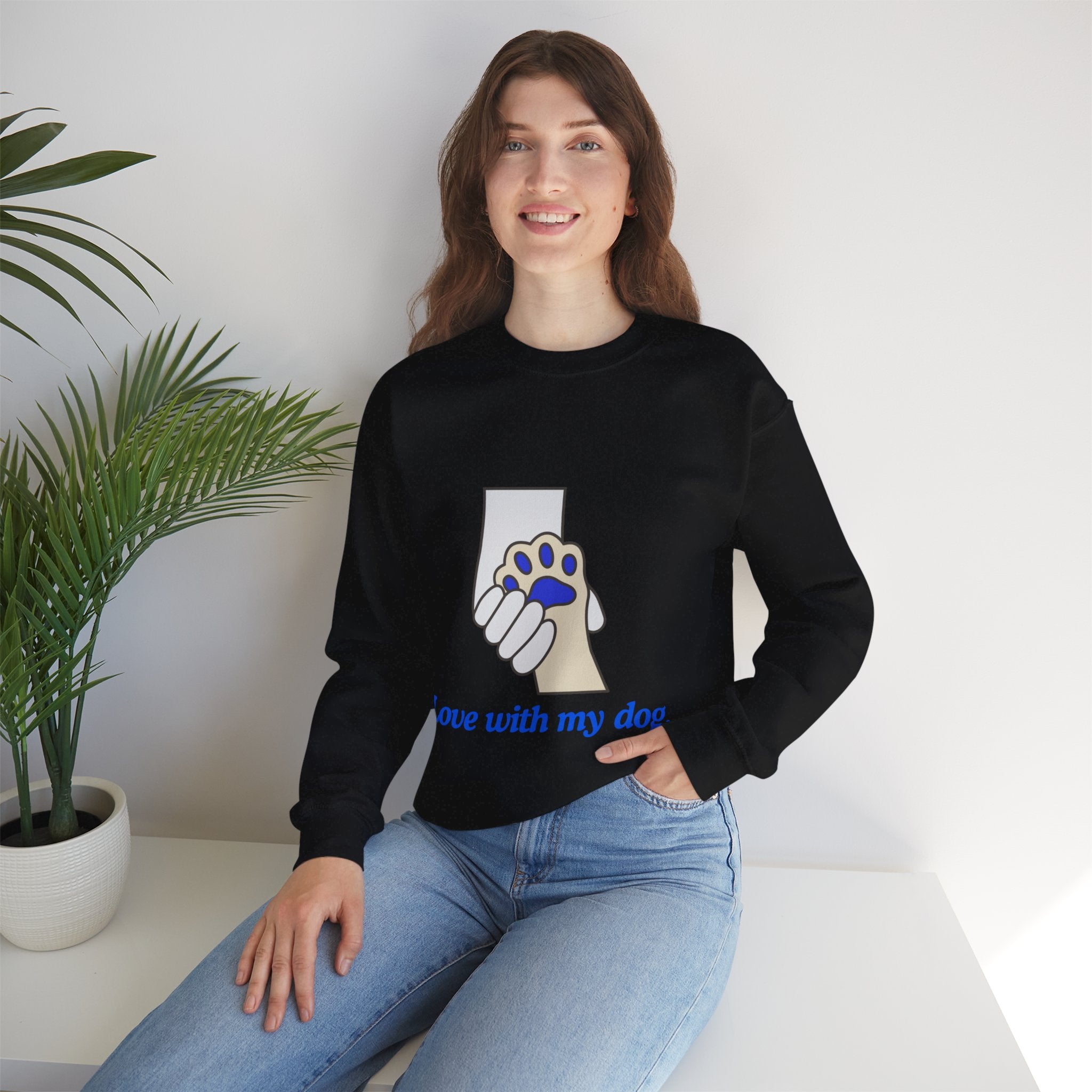 Dog Lover Crewneck Sweatshirt — "Love with my dog." Paw & Hold Graphic