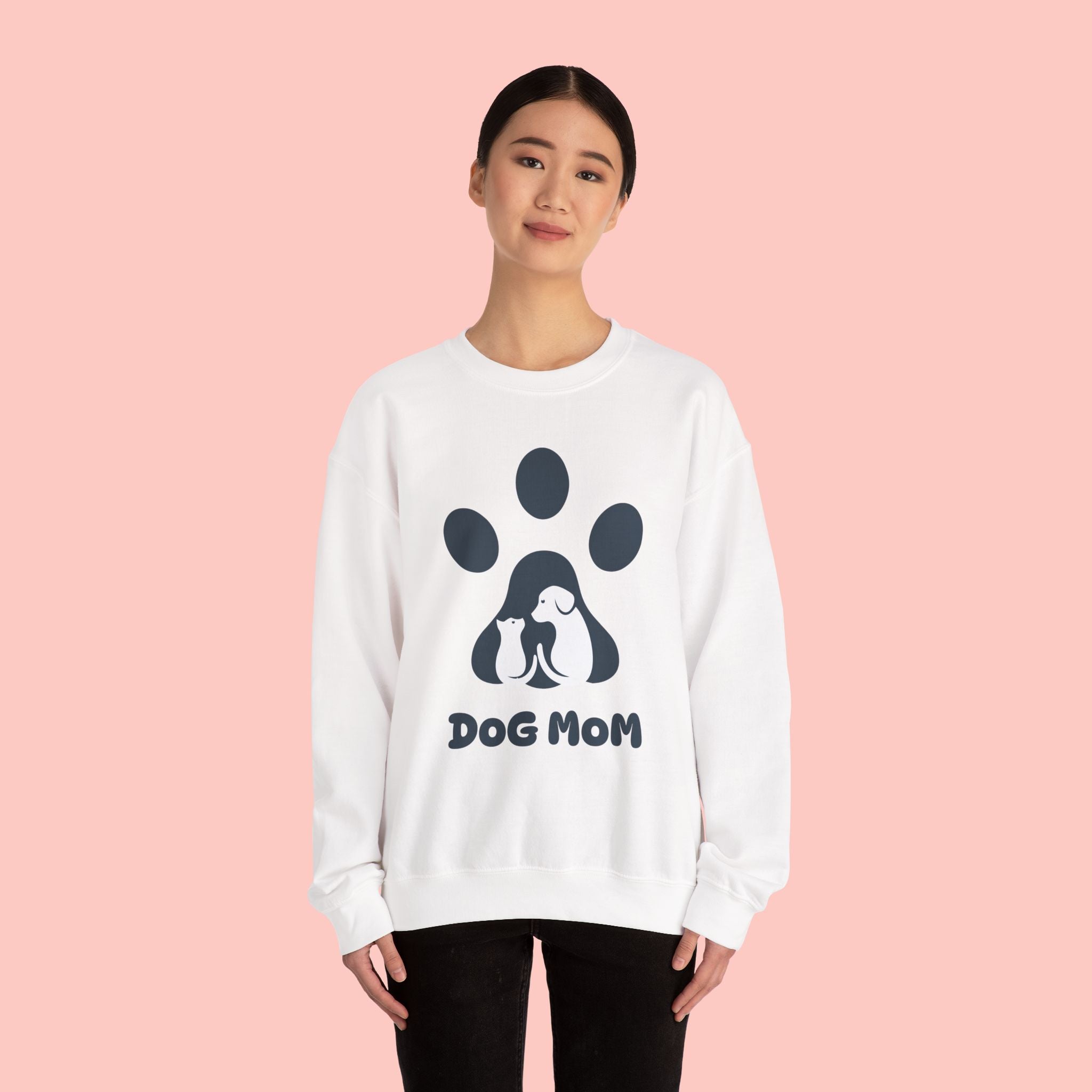 Dog Mom Crewneck Sweatshirt - Paw Print & Silhouette Graphic