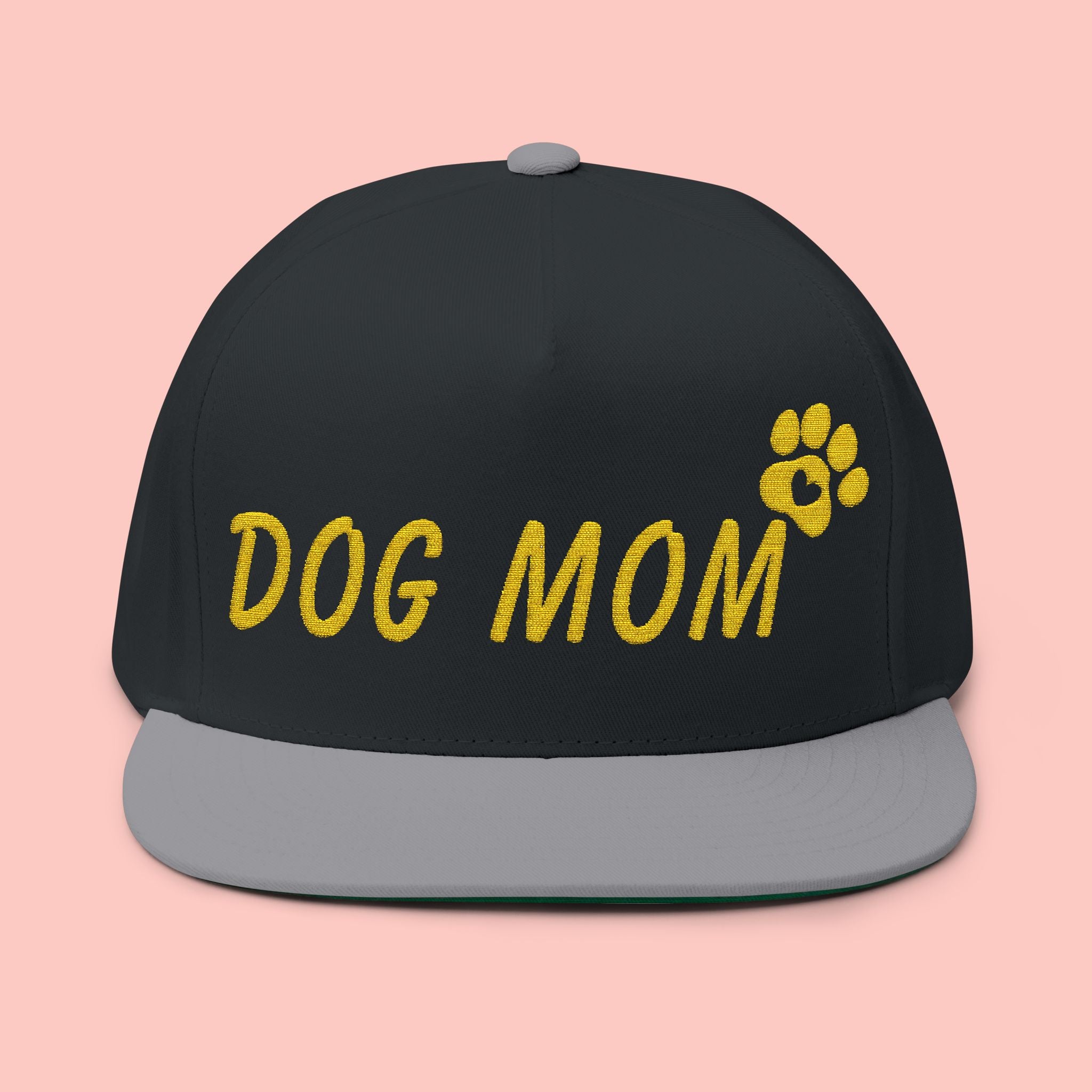 Dog Mom Embroidered Flat Bill Cap — Paw Print Snapback Hat