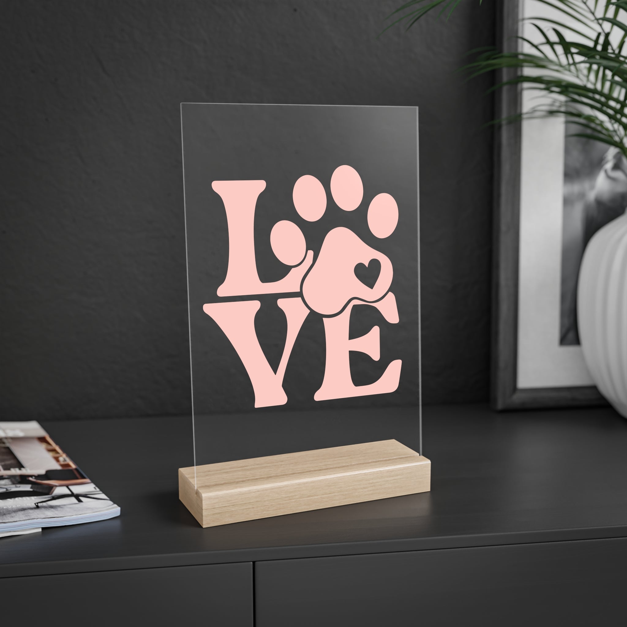 Acrylic Sign — Pink Paw LOVE Desk Decor with Wooden Stand