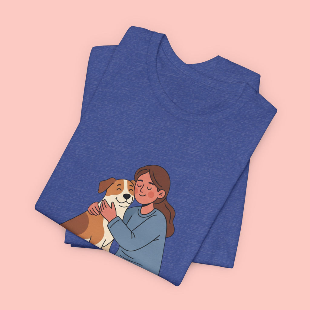 Dog Mom T‑Shirt — Cute Woman Hugging Dog Graphic Tee