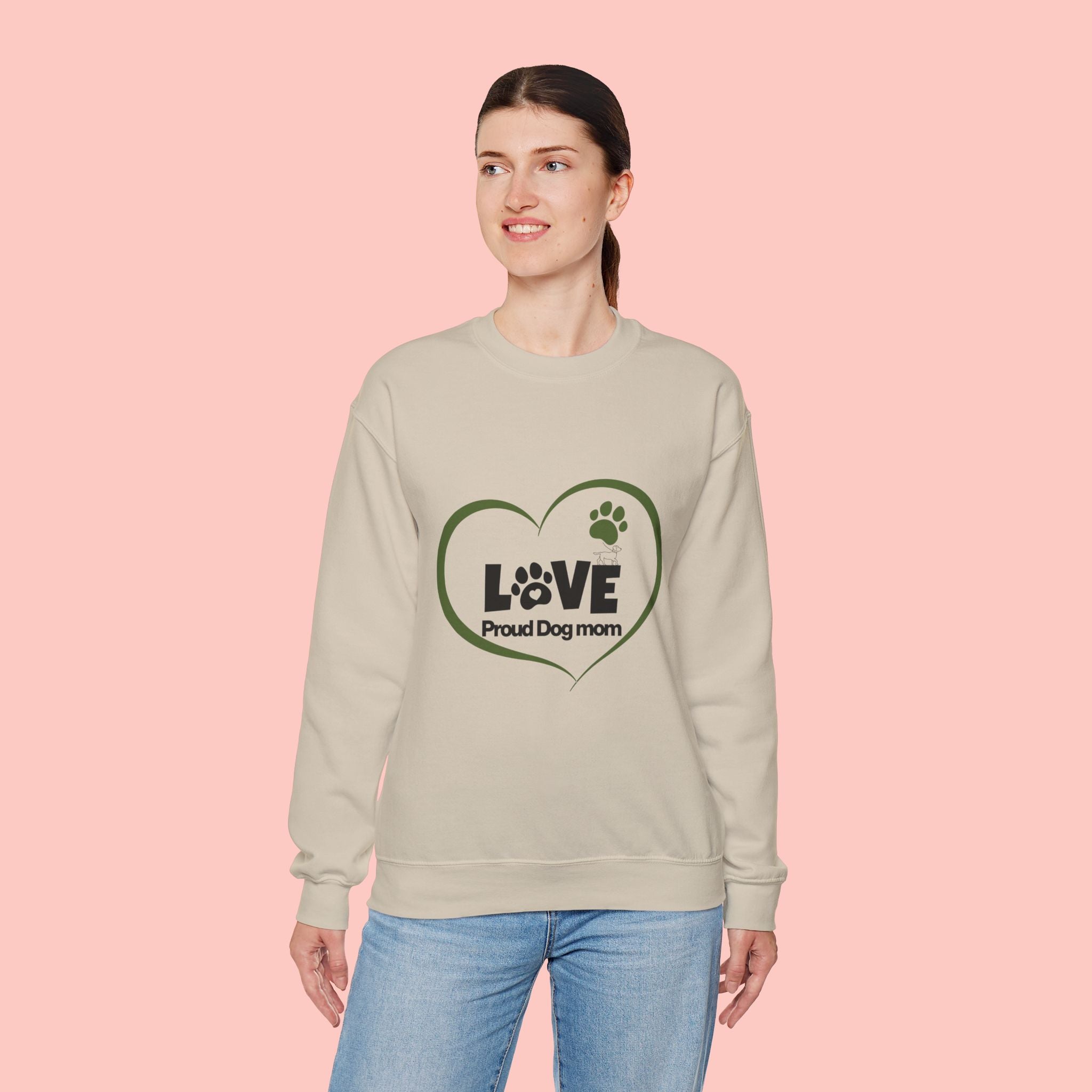 Dog Mom Heart Crewneck Sweatshirt — "LOVE Proud Dog Mom" Graphic