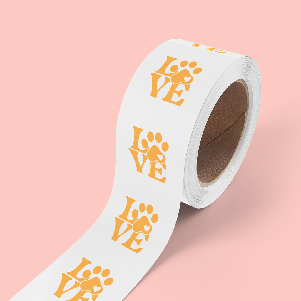Round Pet Love Sticker Labels — Paw Print "LOVE" Roll