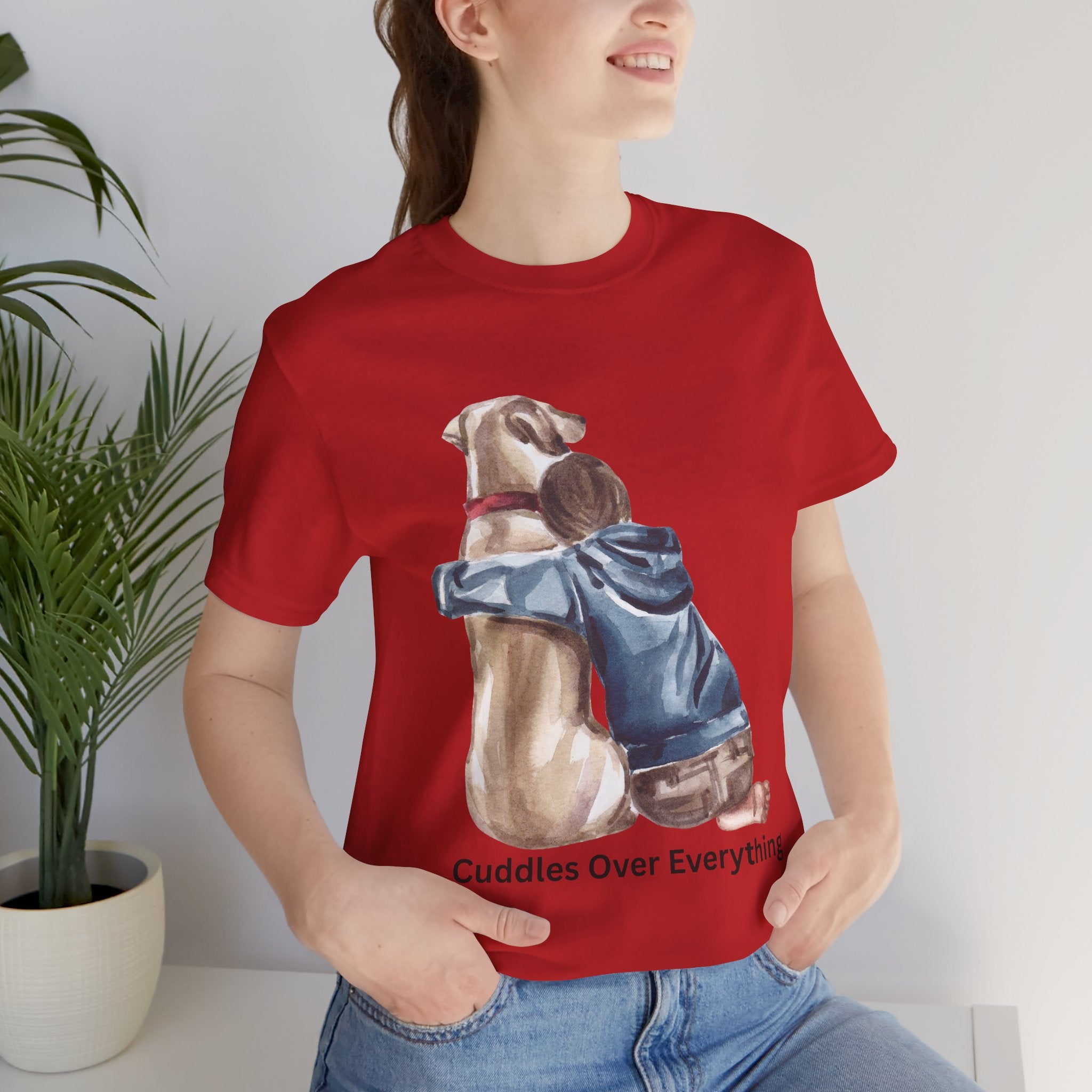 Cuddles Over Everything Tee — Boy Hugging Dog Animal Lover T-Shirt