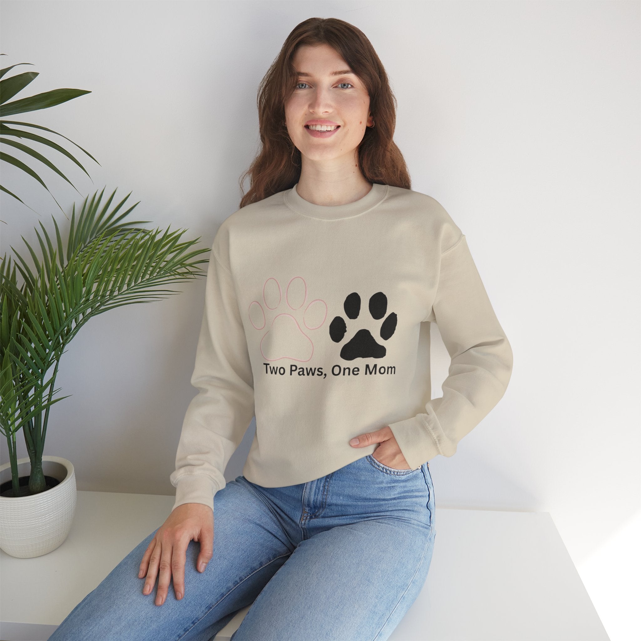 Crewneck Sweatshirt – "Two Paws, One Mom" Paw Print Mom Gift