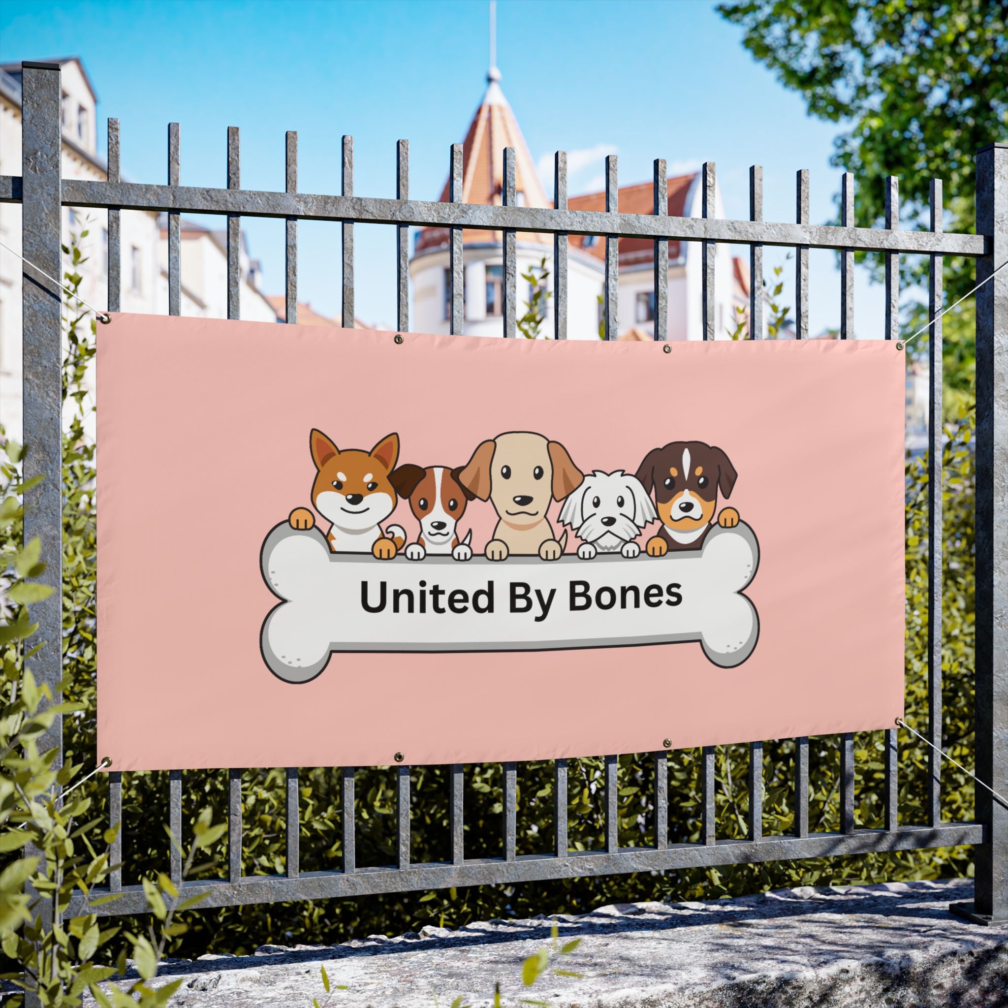 United By Bones Dog Banner — Pink Vinyl Pet Rescue Sign