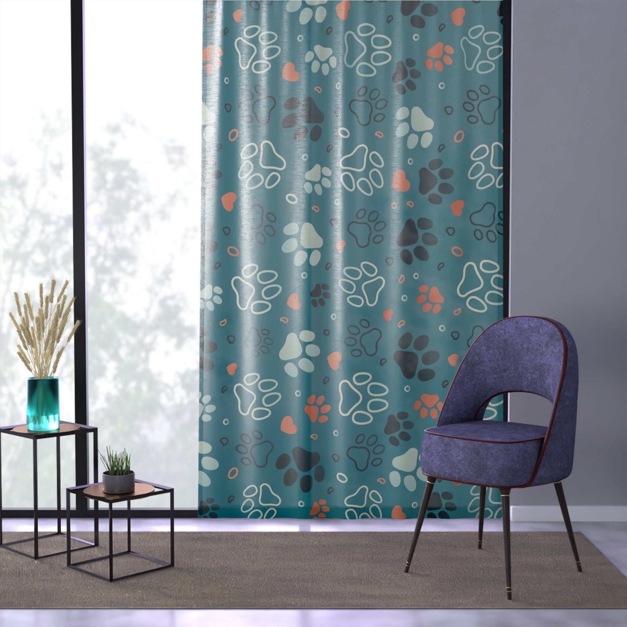 Paw Print Window Curtain – Teal Pet-Themed Drapery