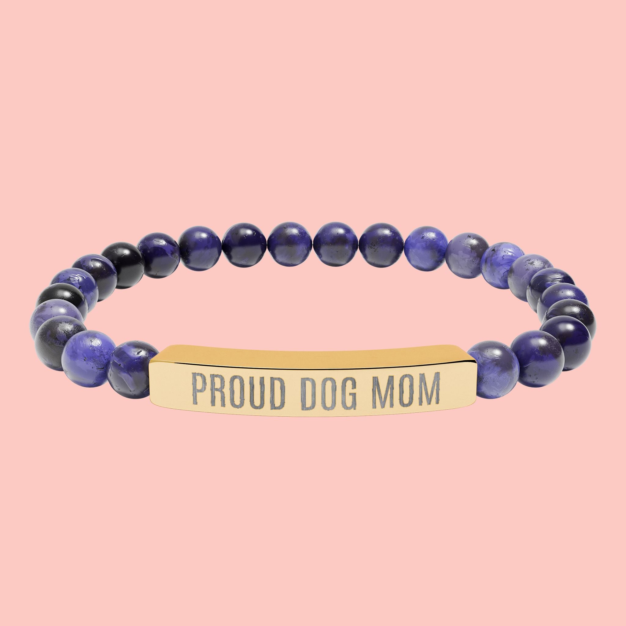 Proud Dog Mom Natural Stone Stretch Bracelet – Engraved Bar Gift for Pet Lovers