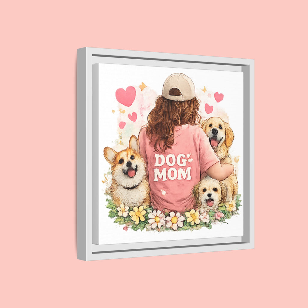 Dog Mom Canvas Print — Framed Matte Wall Art with Cute Dogs & Hearts