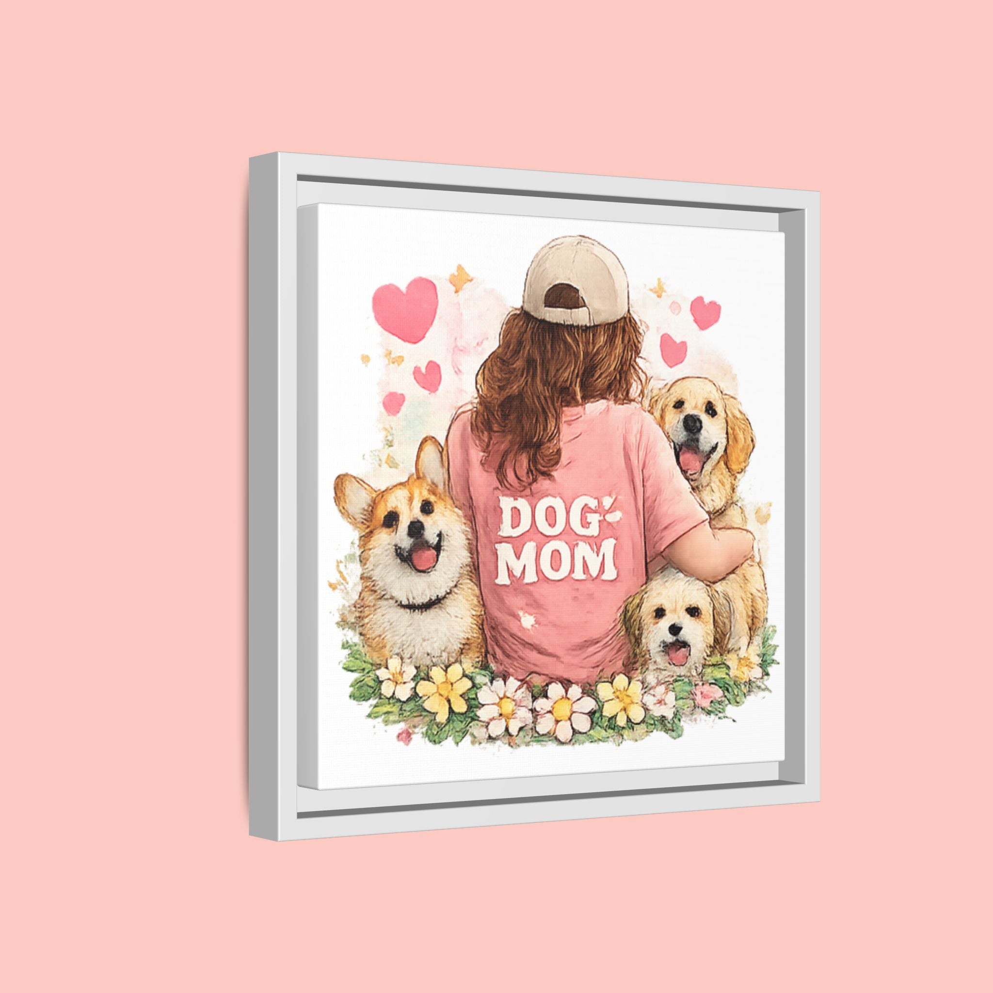 Dog Mom Canvas Print — Framed Matte Wall Art with Cute Dogs & Hearts