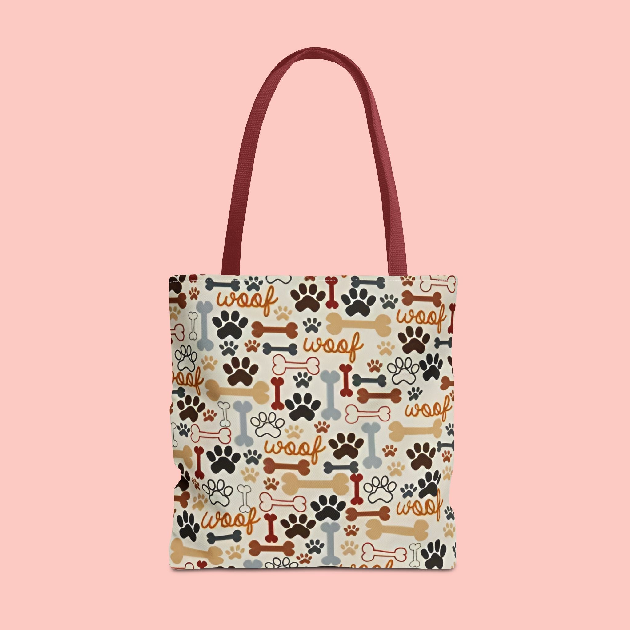 Dog Paw & Bone Pattern Tote Bag — 'Woof' All-Over Print Canvas Tote