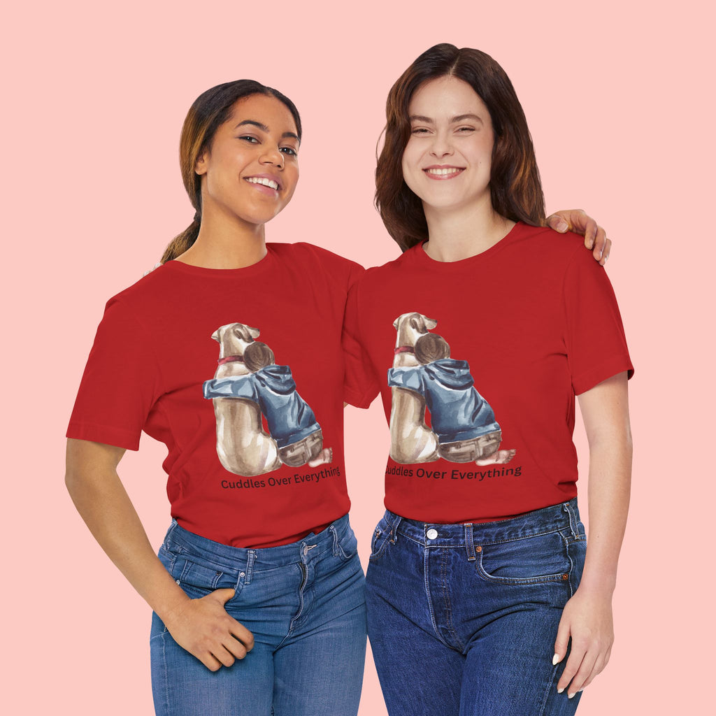 Cuddles Over Everything Tee — Boy Hugging Dog Animal Lover T-Shirt
