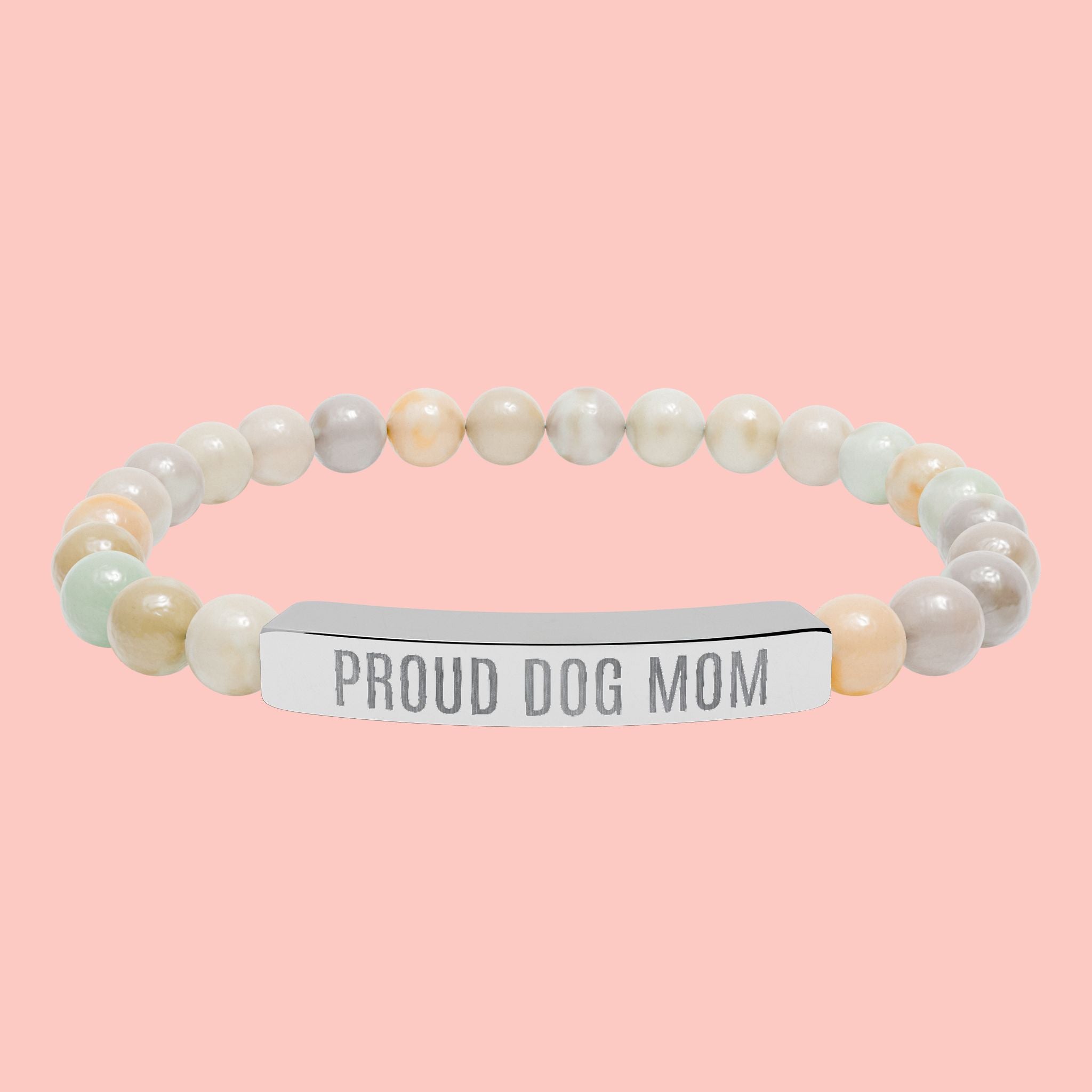 Proud Dog Mom Natural Stone Stretch Bracelet – Engraved Bar Gift for Pet Lovers