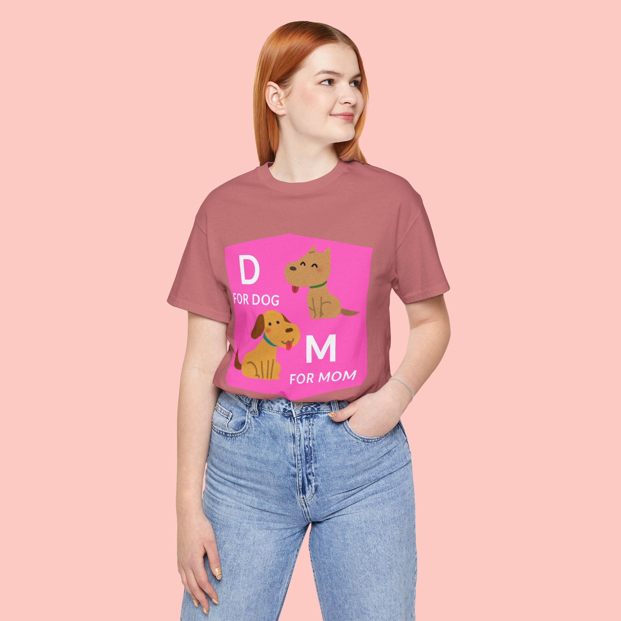 Dog Mom T-Shirt — Cute Pink "D for Dog, M for Mom" Graphic Tee