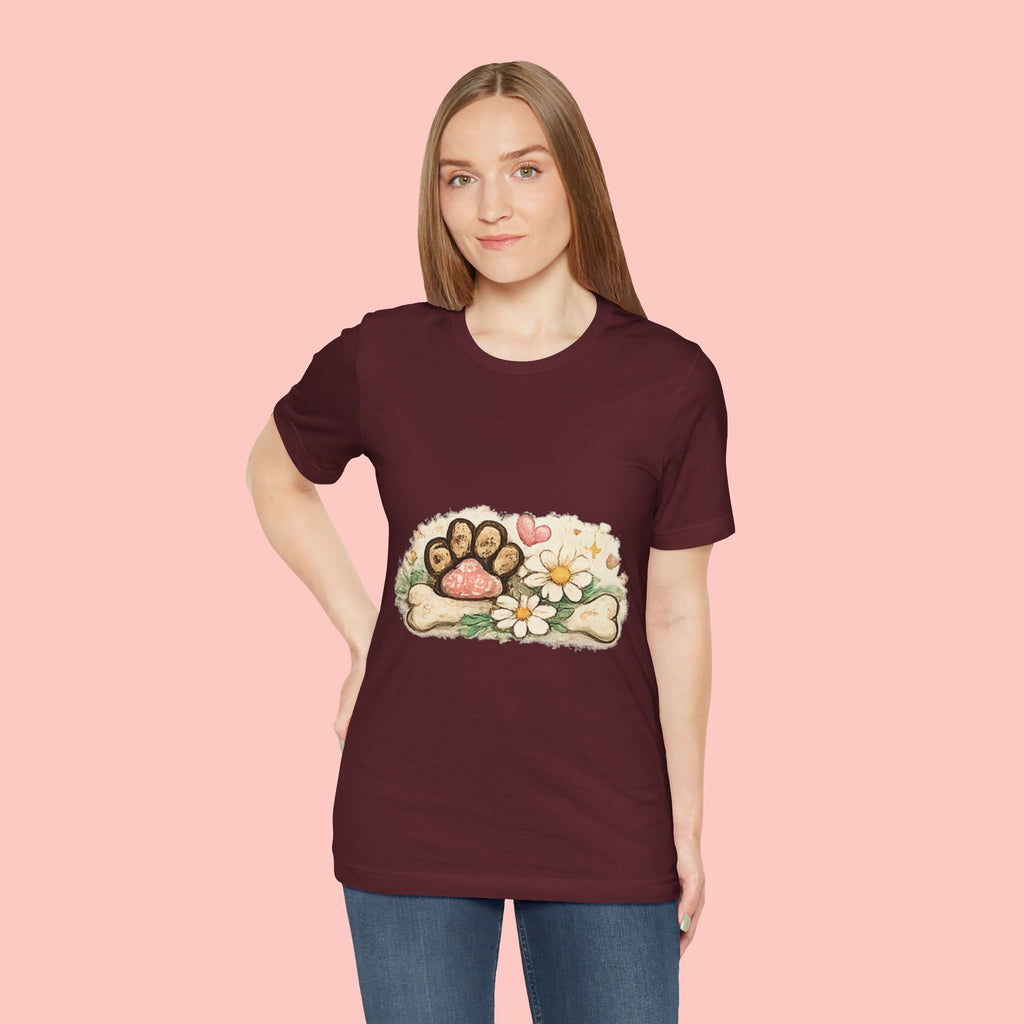 Dog Paw Floral T-Shirt — Cute Paw Print, Bone & Daisies Tee