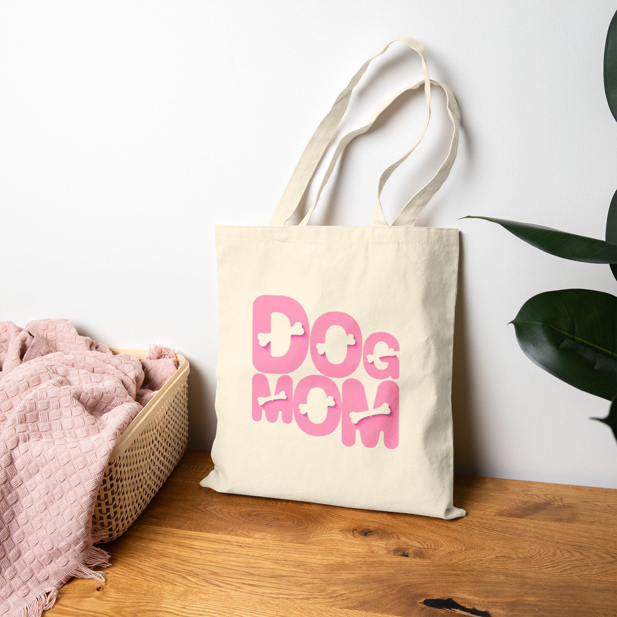 Dog Mom Canvas Tote Bag — Pink Retro Graphic Cotton Shopper for Pet Lovers