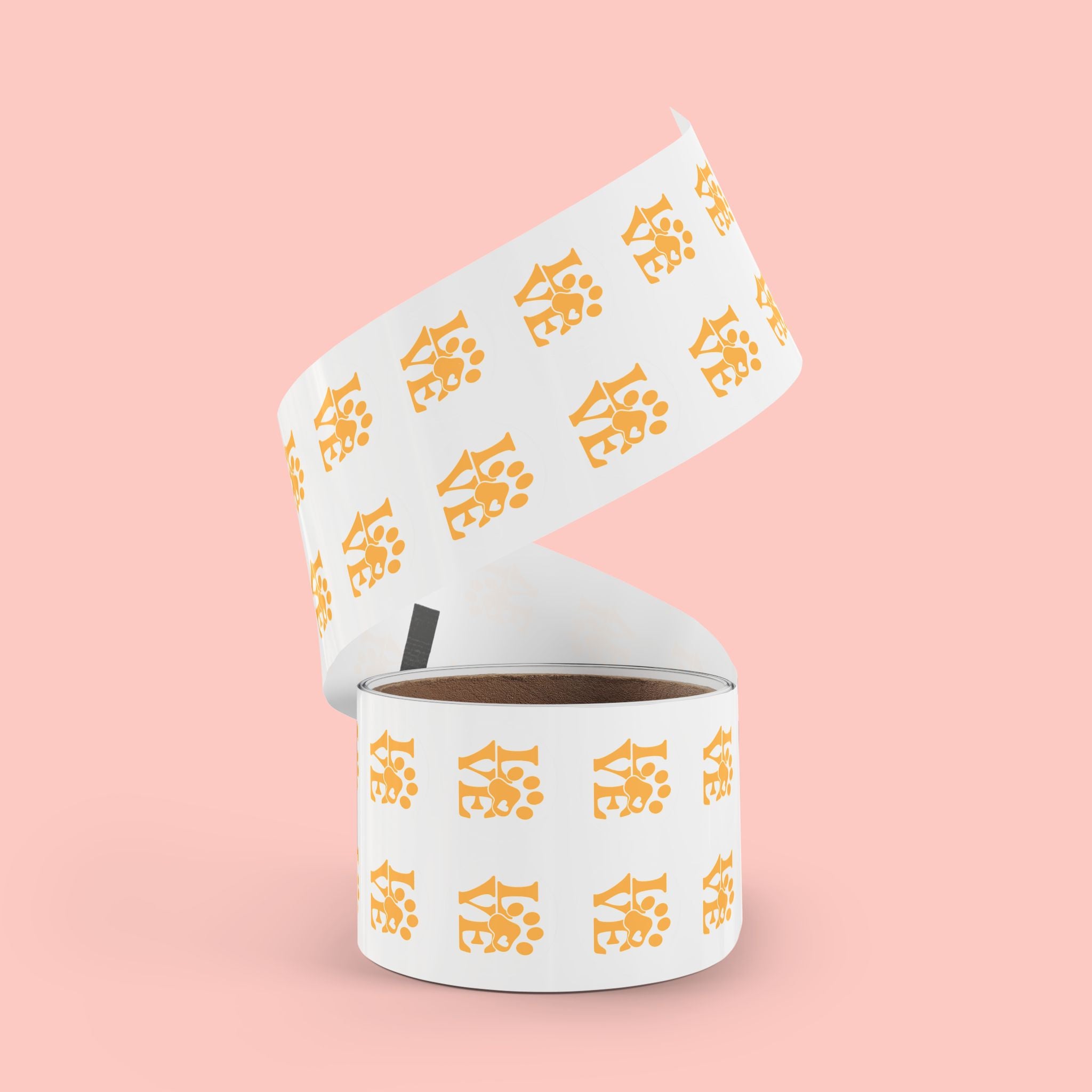 Round Pet Love Sticker Labels — Paw Print "LOVE" Roll