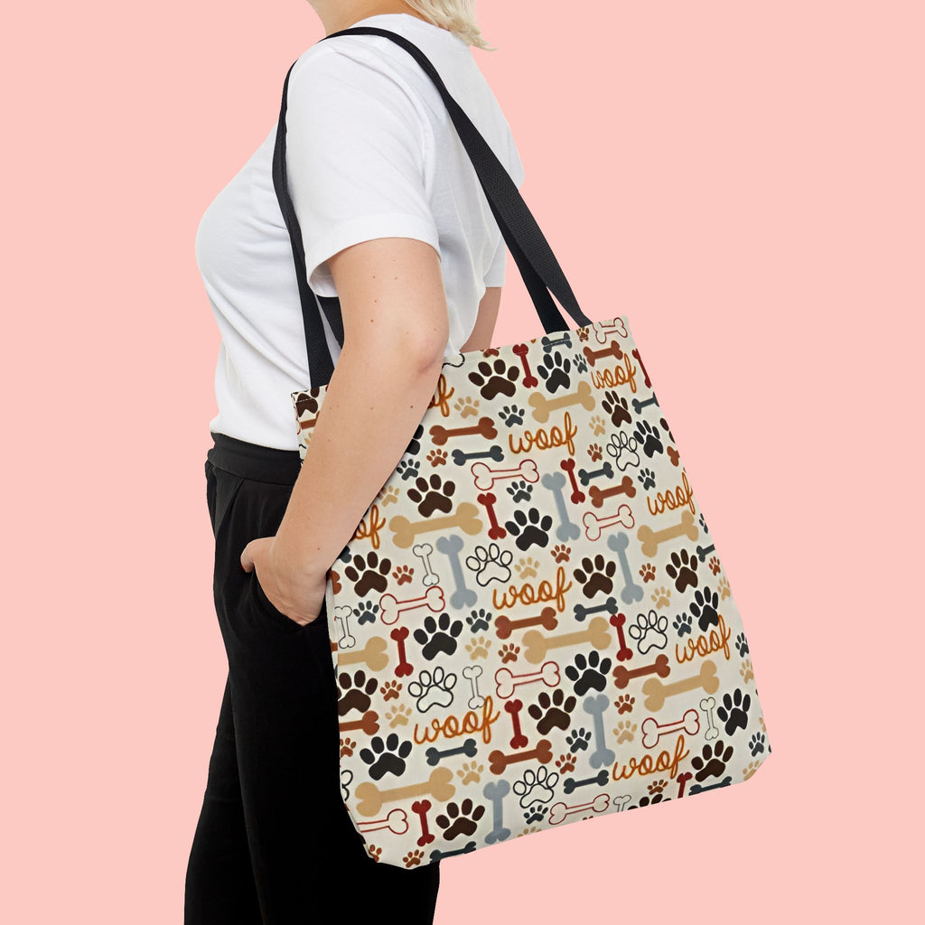 Dog Paw & Bone Pattern Tote Bag — 'Woof' All-Over Print Canvas Tote