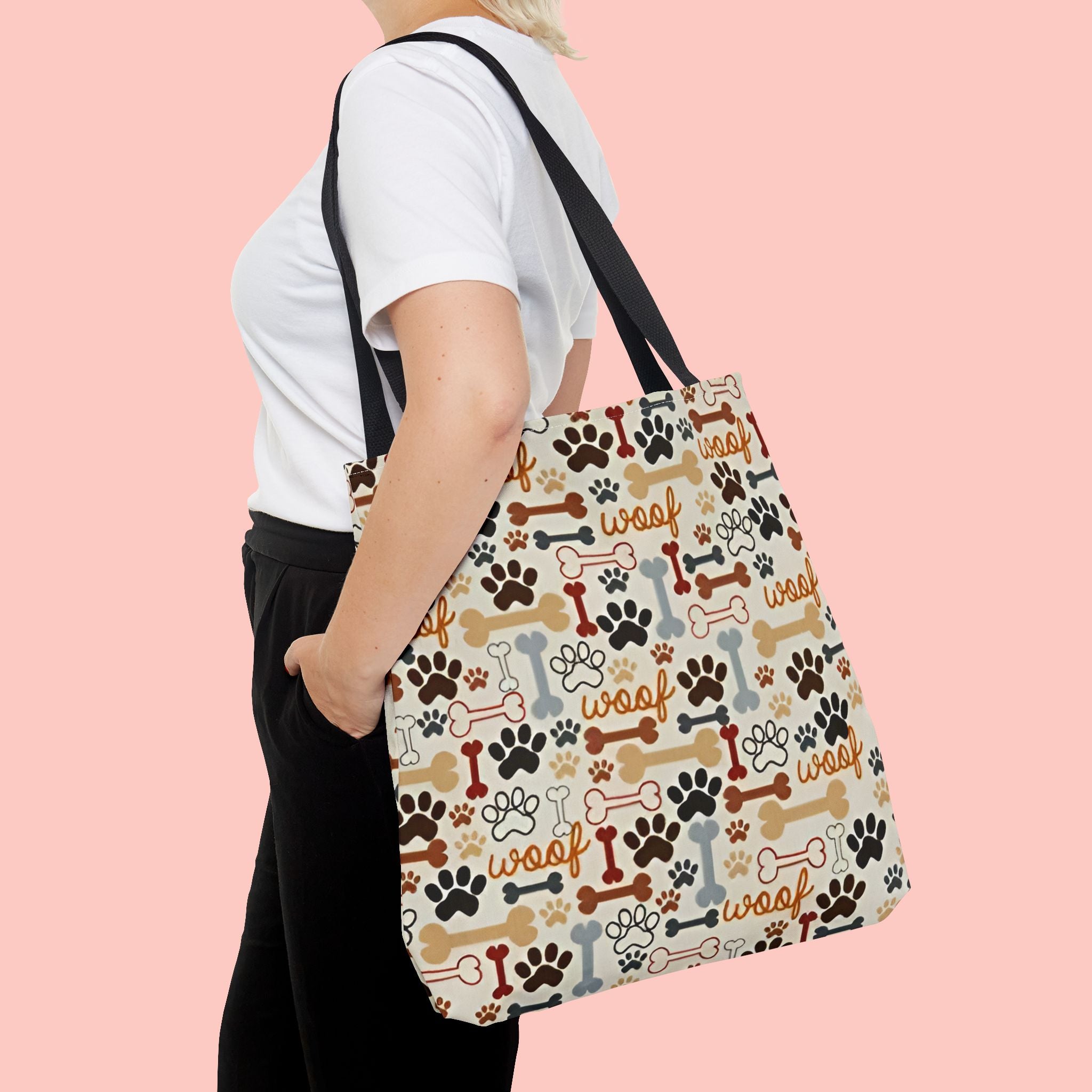 Dog Paw & Bone Pattern Tote Bag — 'Woof' All-Over Print Canvas Tote