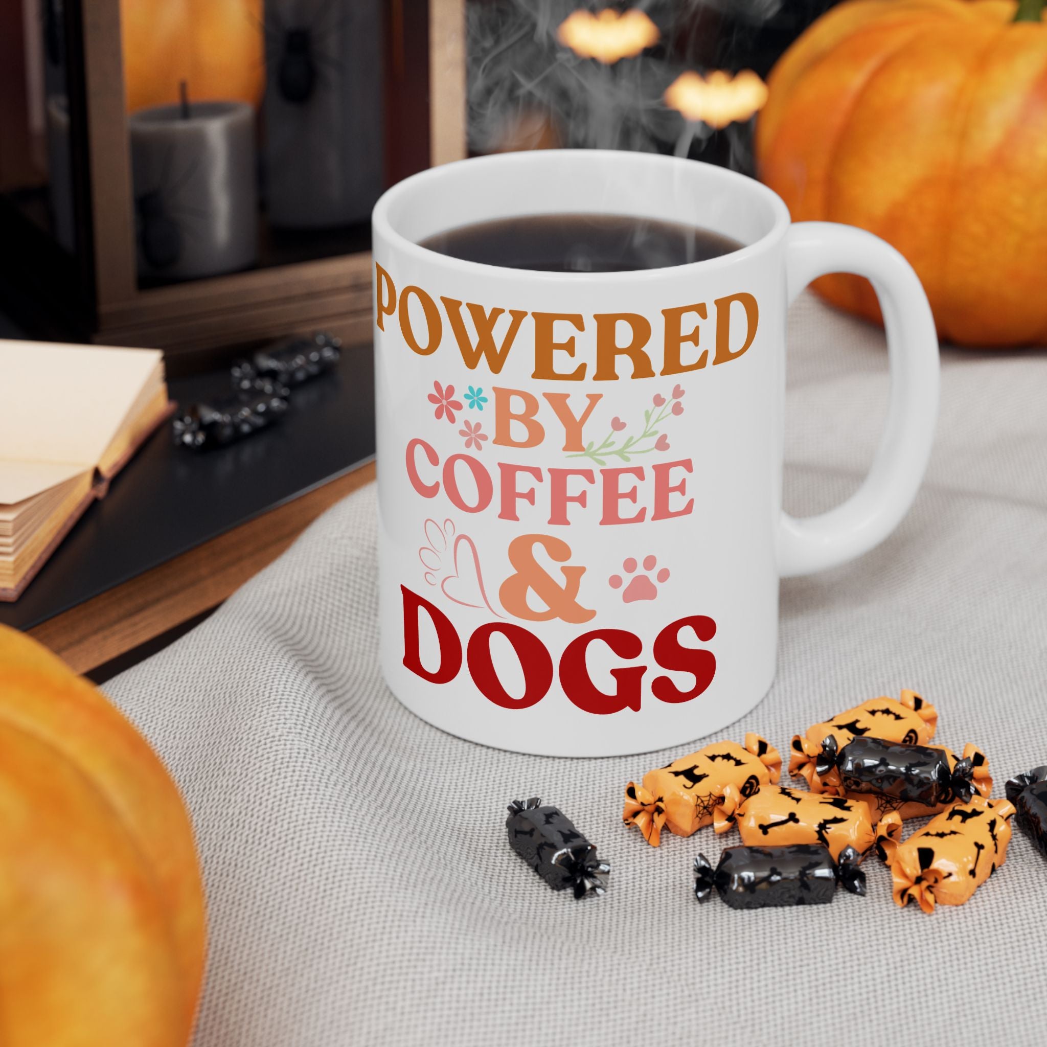 Coffee Powered Dog Mom Mug — Cute Floral Paw Print Ceramic Coffee Mug (11oz, 15oz)