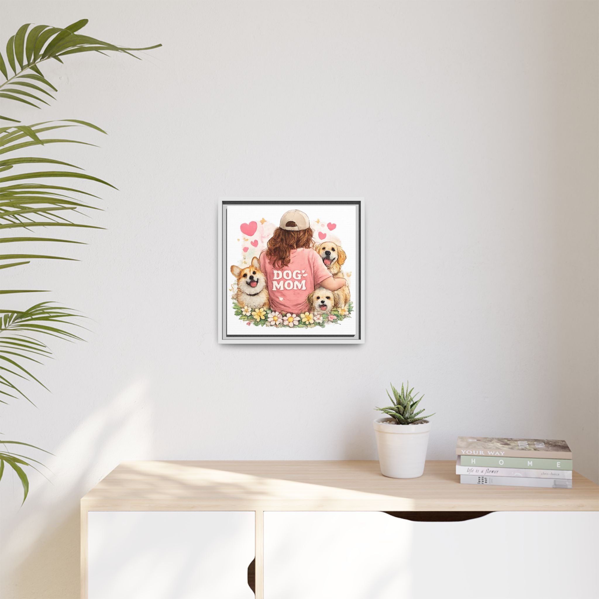 Dog Mom Canvas Print — Framed Matte Wall Art with Cute Dogs & Hearts