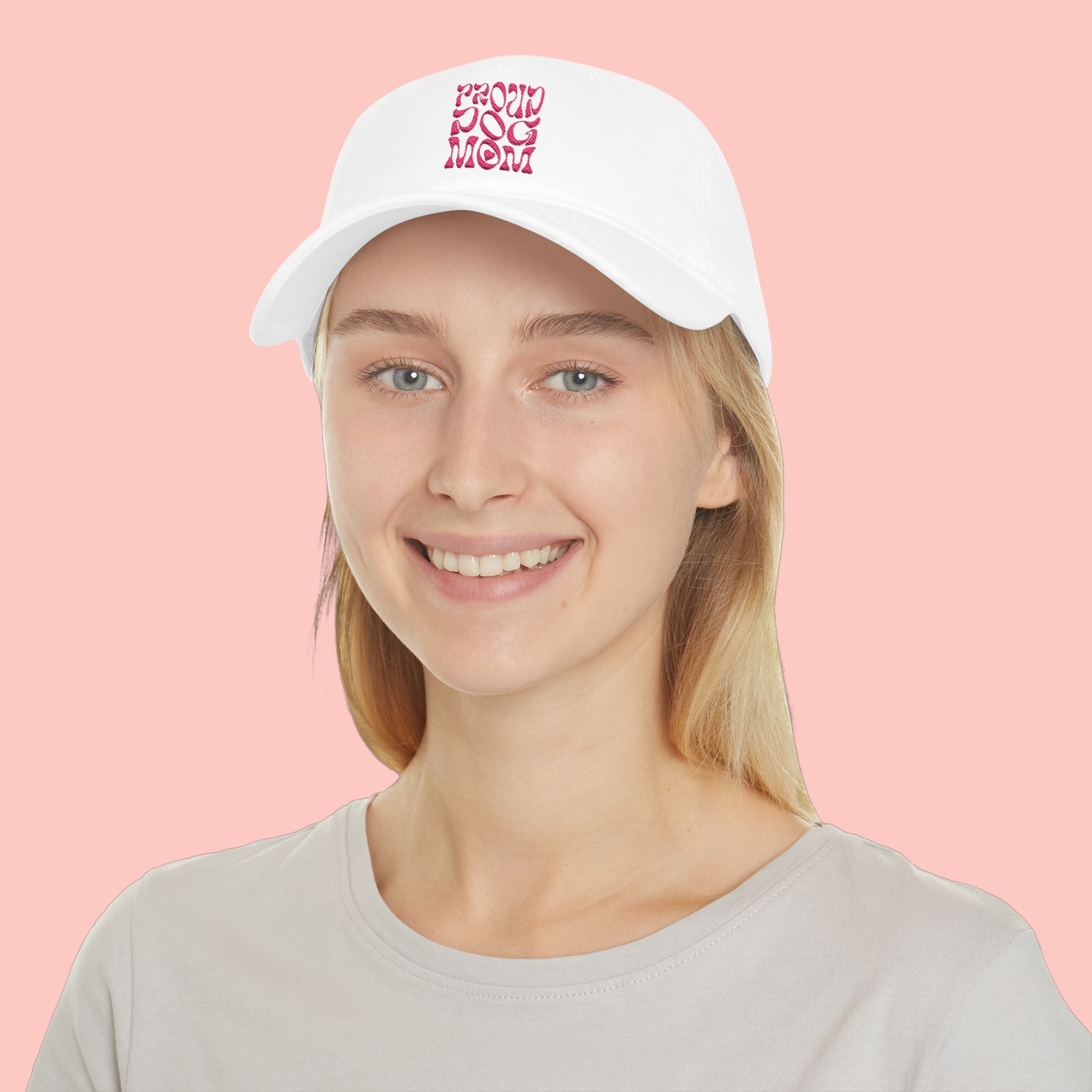 Low Profile Baseball Cap – 'Dog Mom' Pink Leopard Square Embroidered Hat