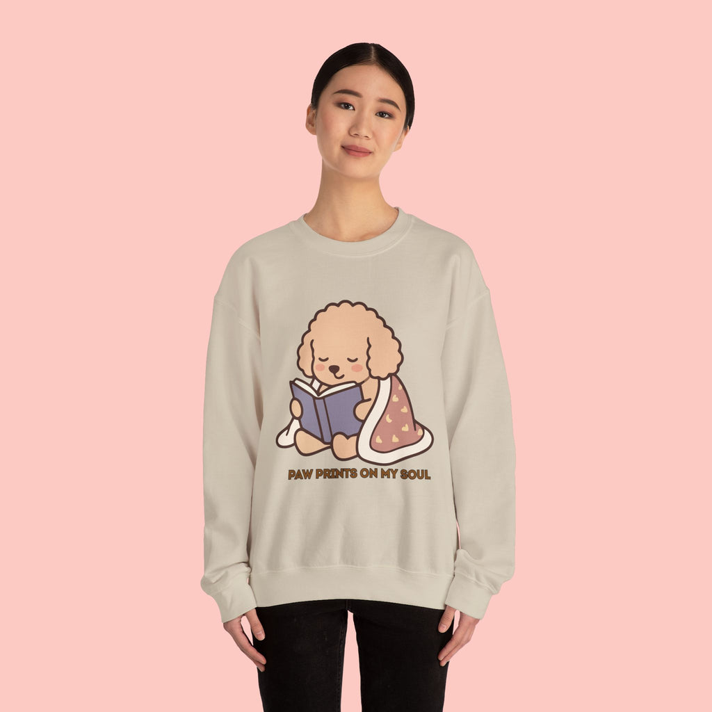 Cozy Reading Puppy Sweatshirt — "Paw Prints On My Soul" Crewneck