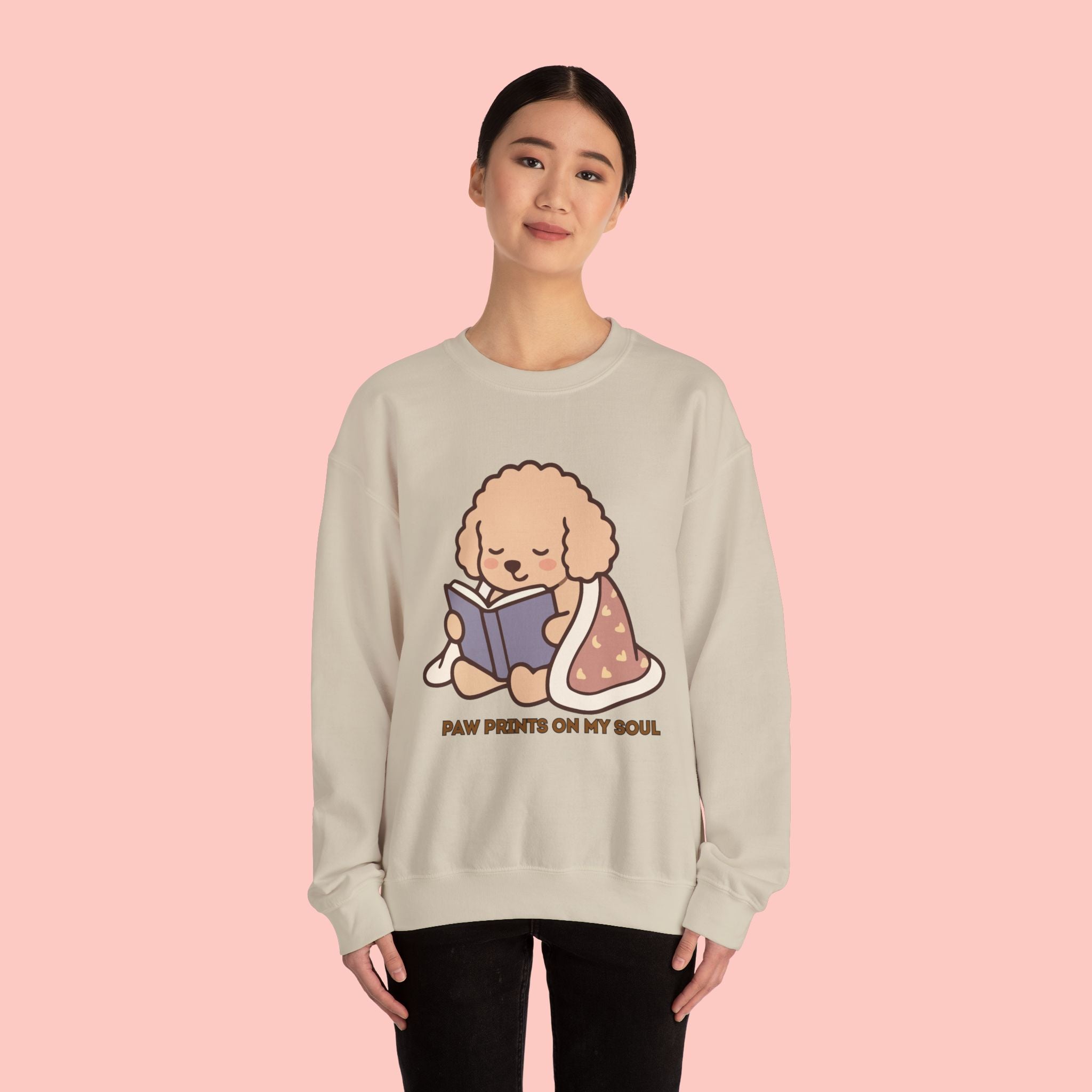 Cozy Reading Puppy Sweatshirt — "Paw Prints On My Soul" Crewneck