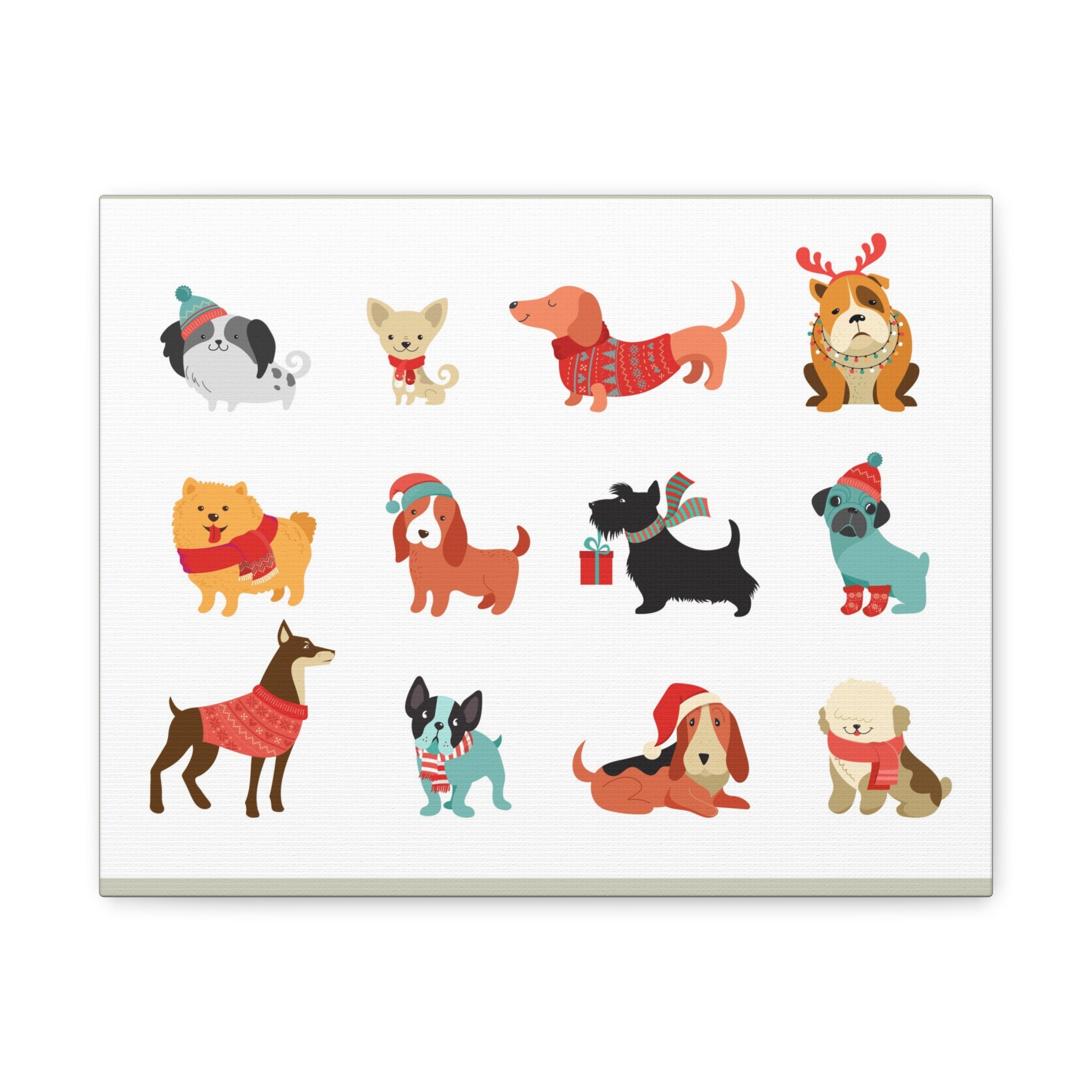 Holiday Dogs Canvas Wall Art — Cute Dachshund, Pug & Mixed Breeds in Winter Sweaters