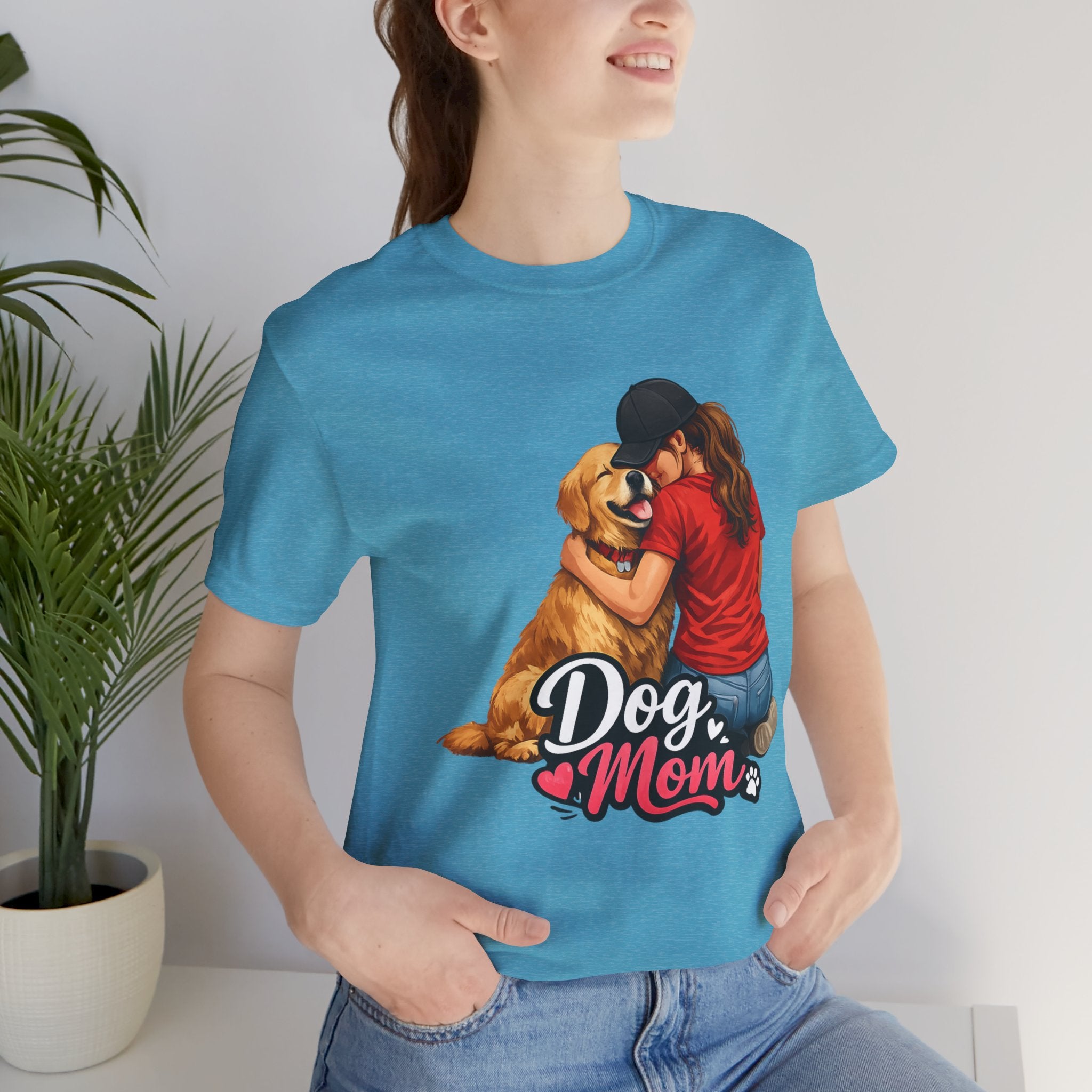 Dog Mom T-Shirt - Cute Woman Hugging Golden Retriever Tee