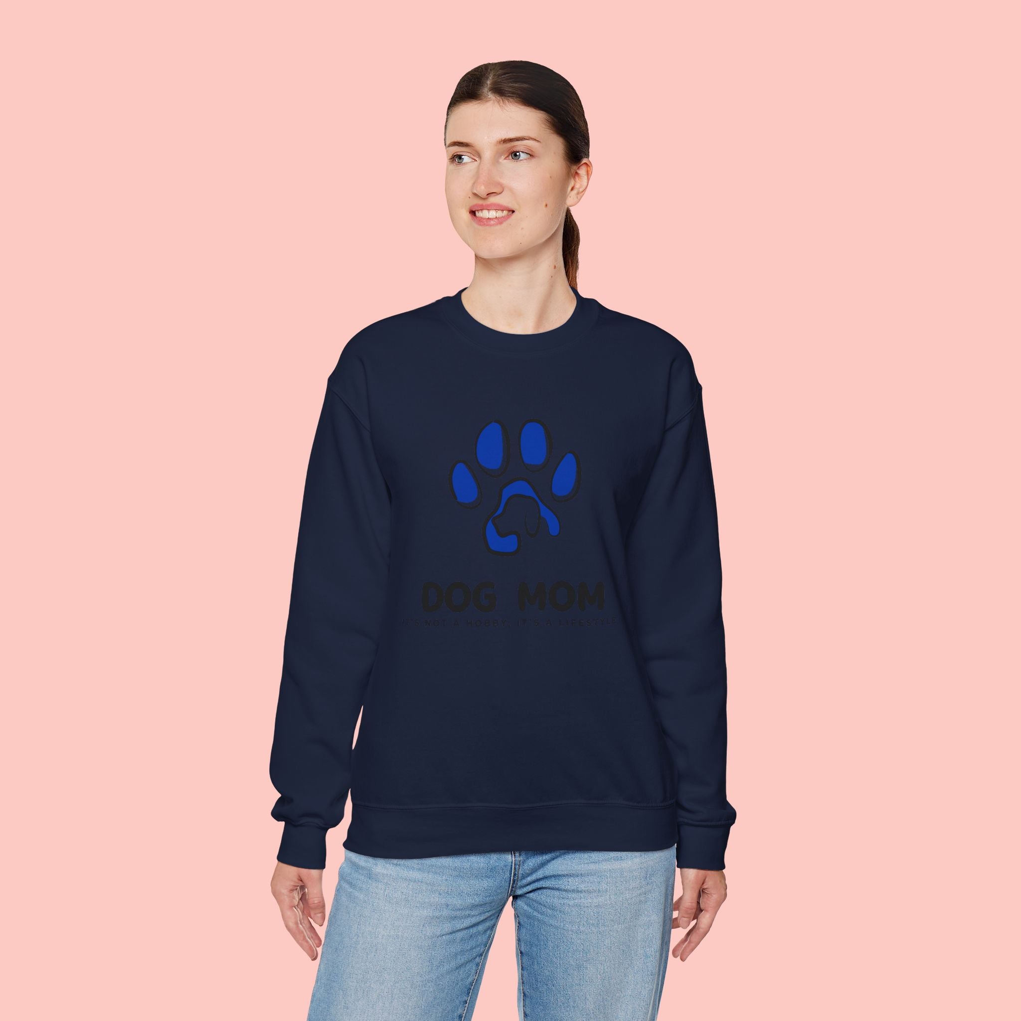 Dog Mom Crewneck Sweatshirt – Blue Paw Graphic "Dog Mom"