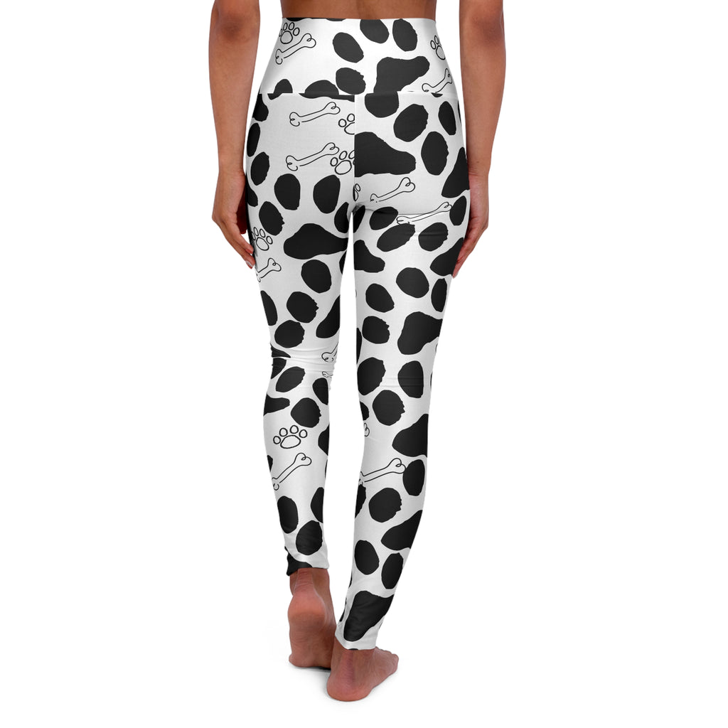 Dalmatian Spot High-Waisted Yoga Leggings — Black & White Paw Print with Bones