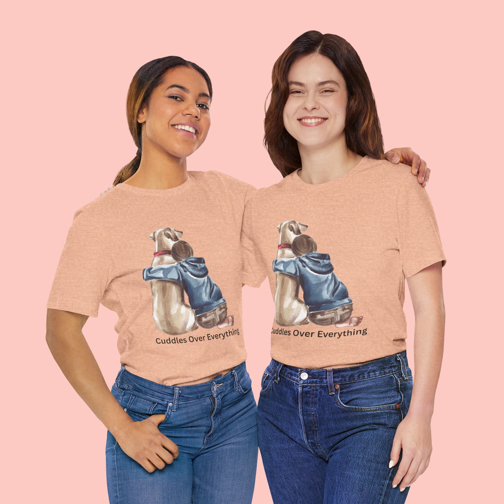 Cuddles Over Everything Tee — Boy Hugging Dog Animal Lover T-Shirt