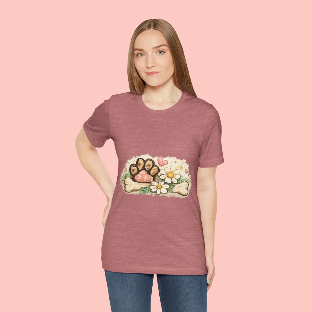 Dog Paw Floral T-Shirt — Cute Paw Print, Bone & Daisies Tee