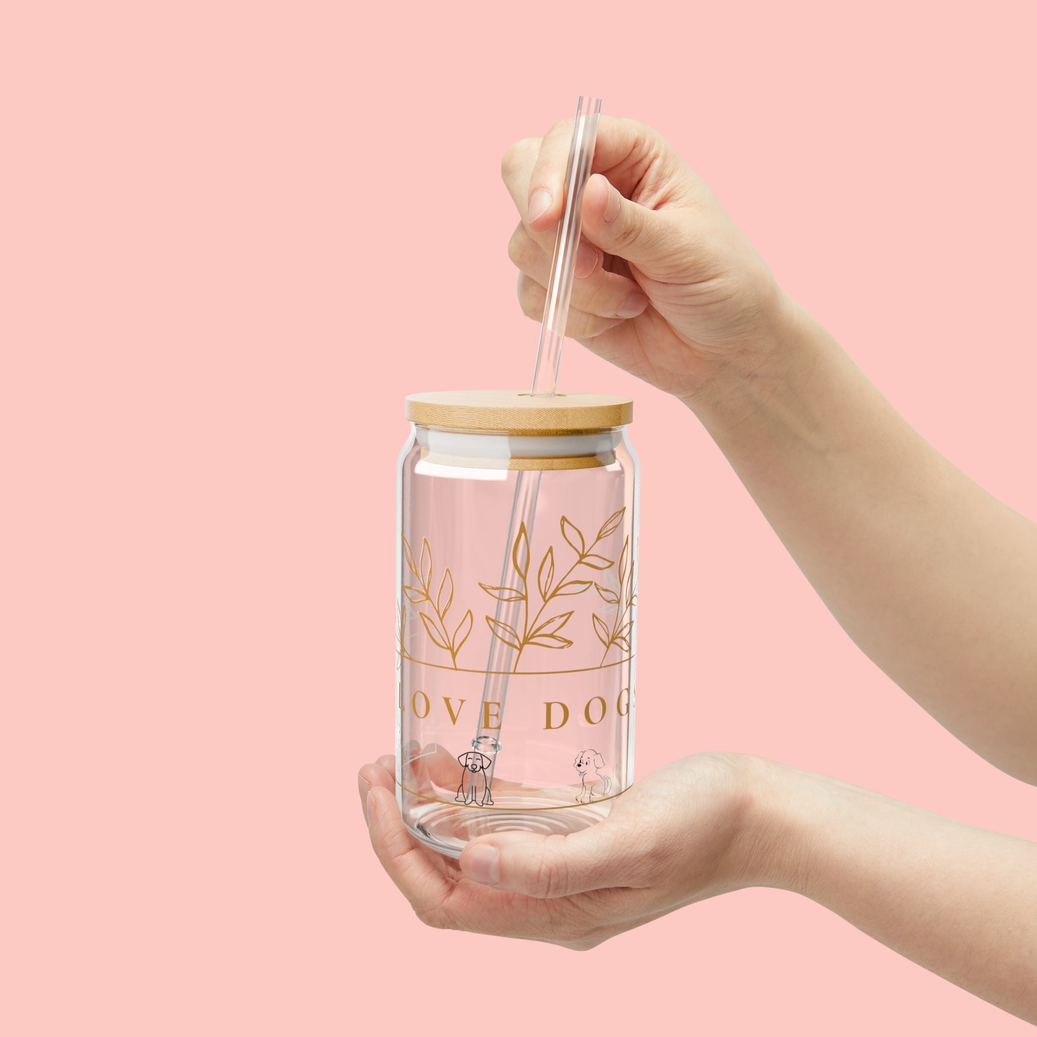 16oz Glass Sipper Tumbler — “Love Dogs” Botanical Design with Bamboo Lid & Straw