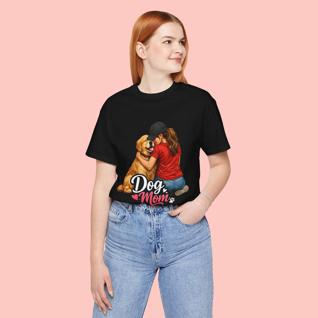 Dog Mom T-Shirt - Cute Woman Hugging Golden Retriever Tee