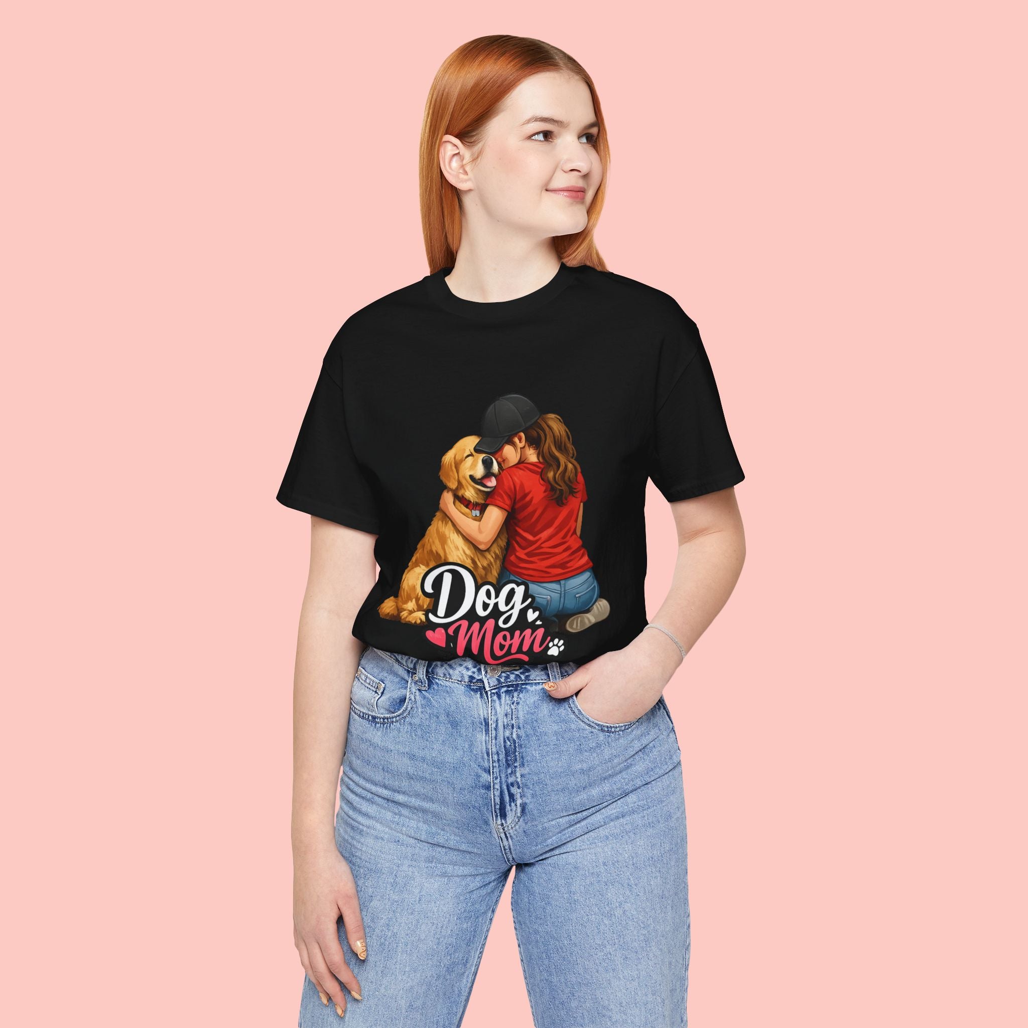 Dog Mom T-Shirt - Cute Woman Hugging Golden Retriever Tee