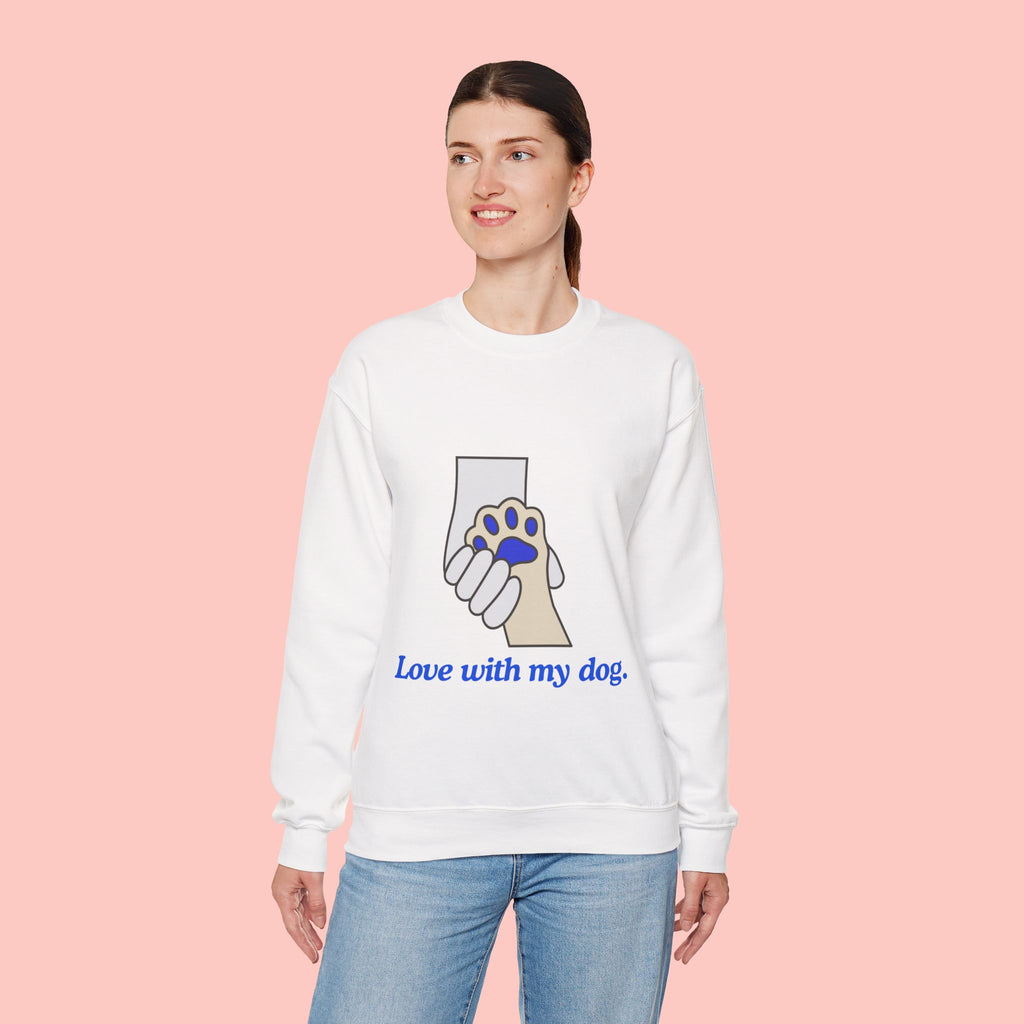 Dog Lover Crewneck Sweatshirt — "Love with my dog." Paw & Hold Graphic
