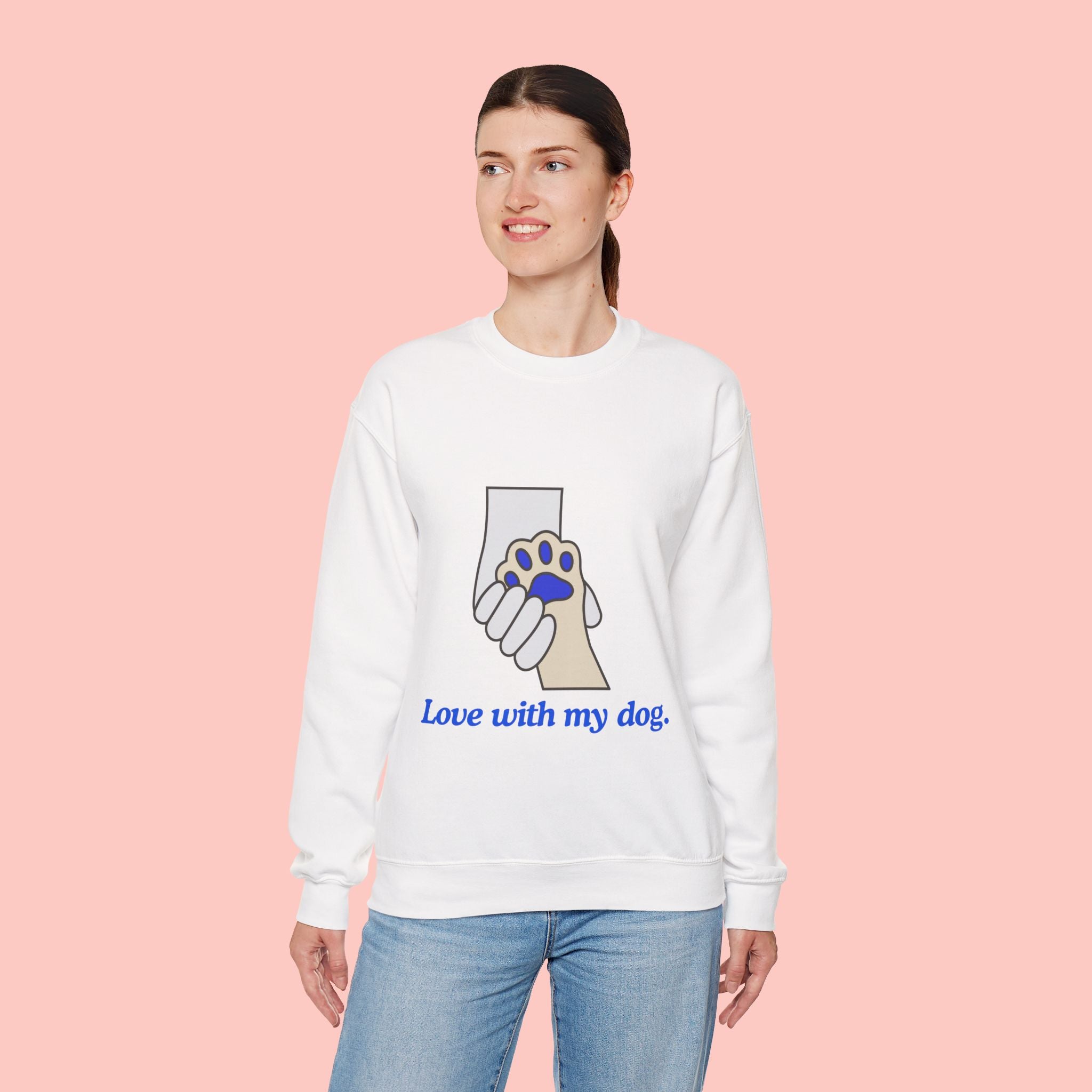 Dog Lover Crewneck Sweatshirt — "Love with my dog." Paw & Hold Graphic