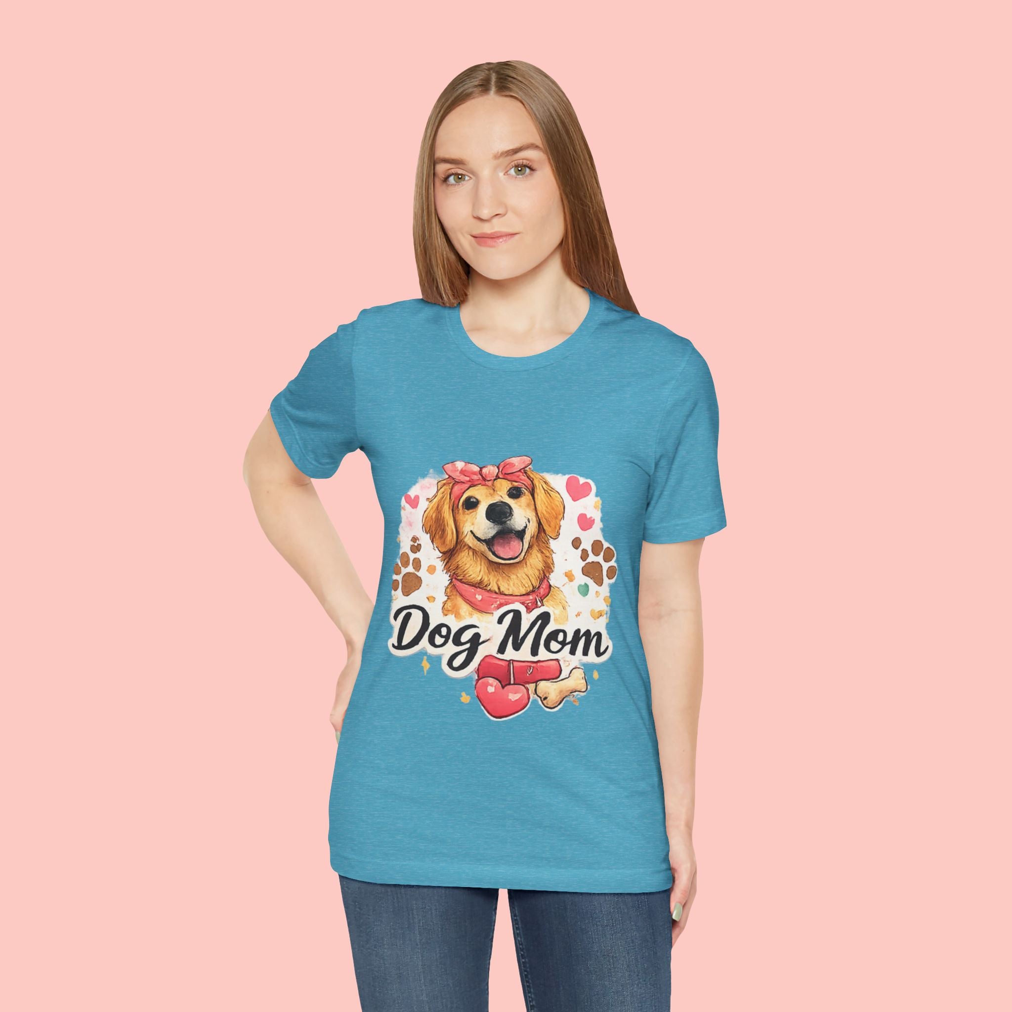 Dog Mom T-Shirt – Cute Golden Retriever Design with Hearts & Paw Prints