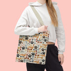 Dog Paw & Bone Pattern Tote Bag — 'Woof' All-Over Print Canvas Tote