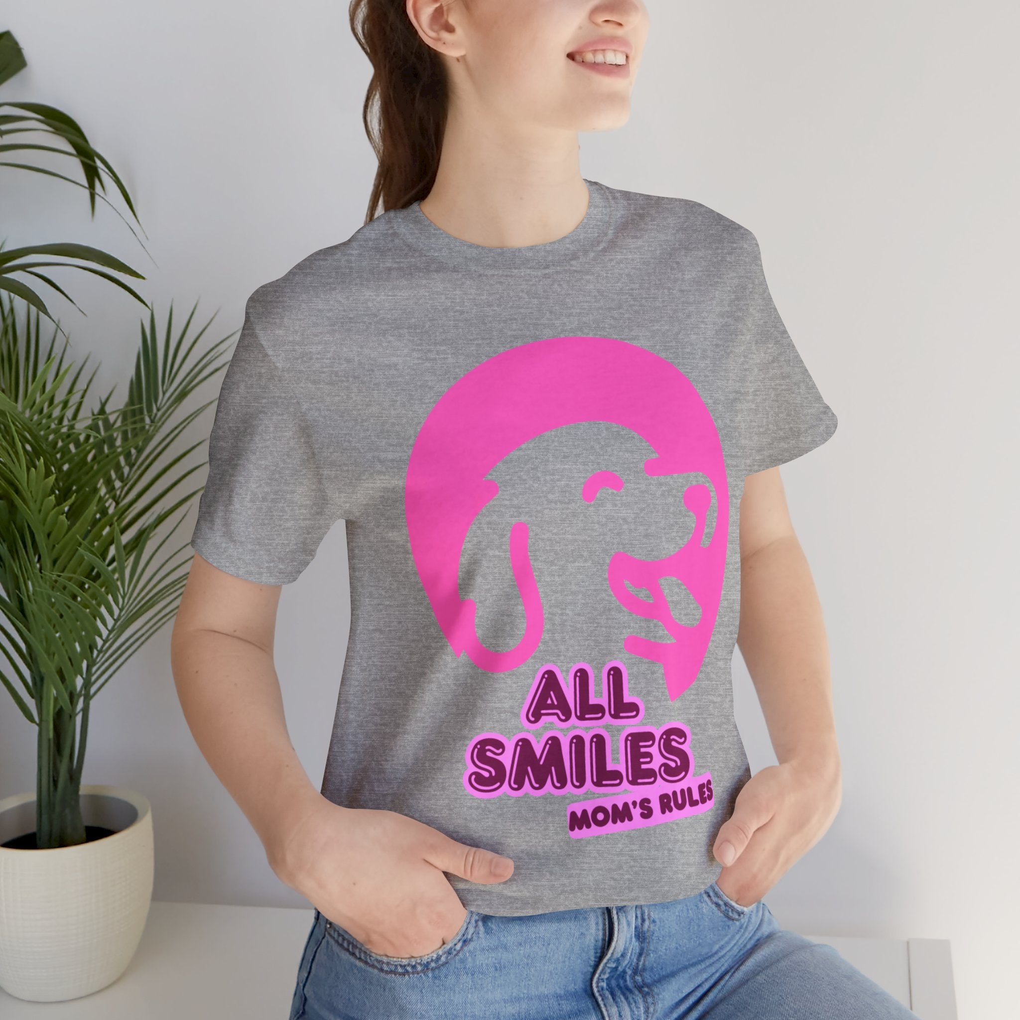 All Smiles Mom's Rules T-Shirt — Cute Pink Dog Graphic Tee for Moms & Pet Lovers