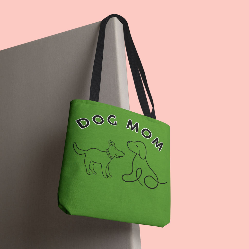 Dog Mom Tote Bag — Green All-Over-Print Cute Line-Drawing Dogs