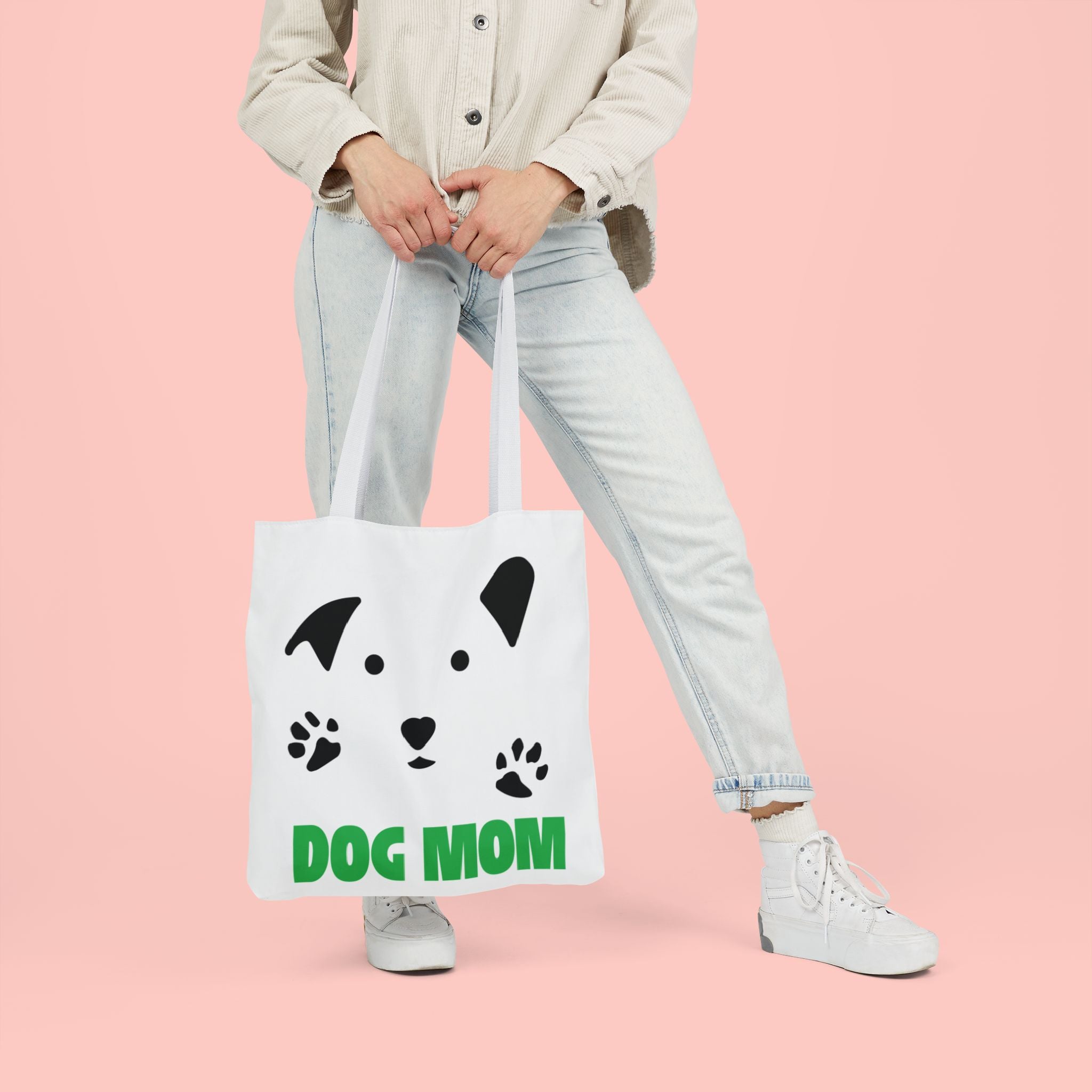 Dog Mom Canvas Tote Bag — Cute Paw Print Dog Face Tote for Pet Lovers