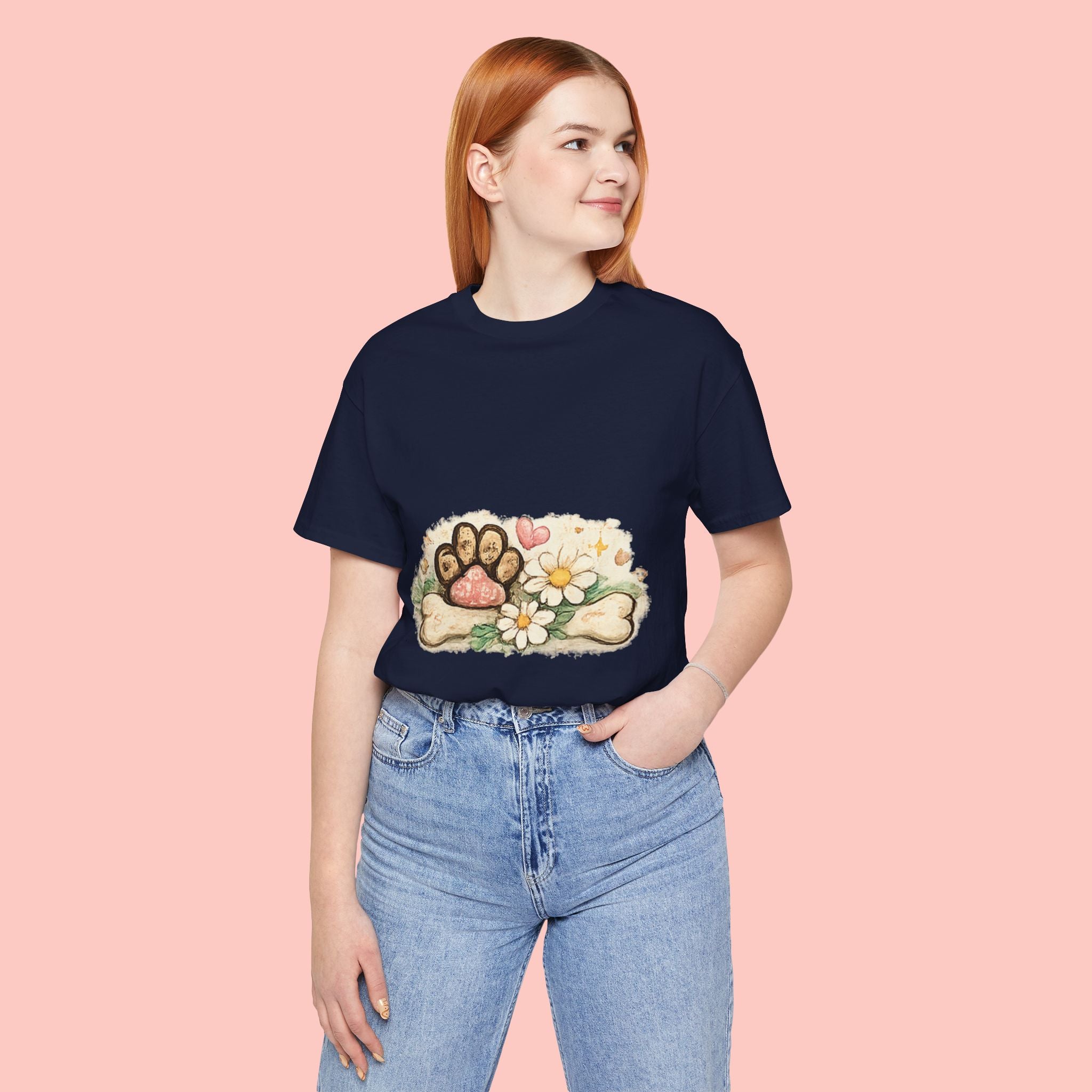 Dog Paw Floral T-Shirt — Cute Paw Print, Bone & Daisies Tee