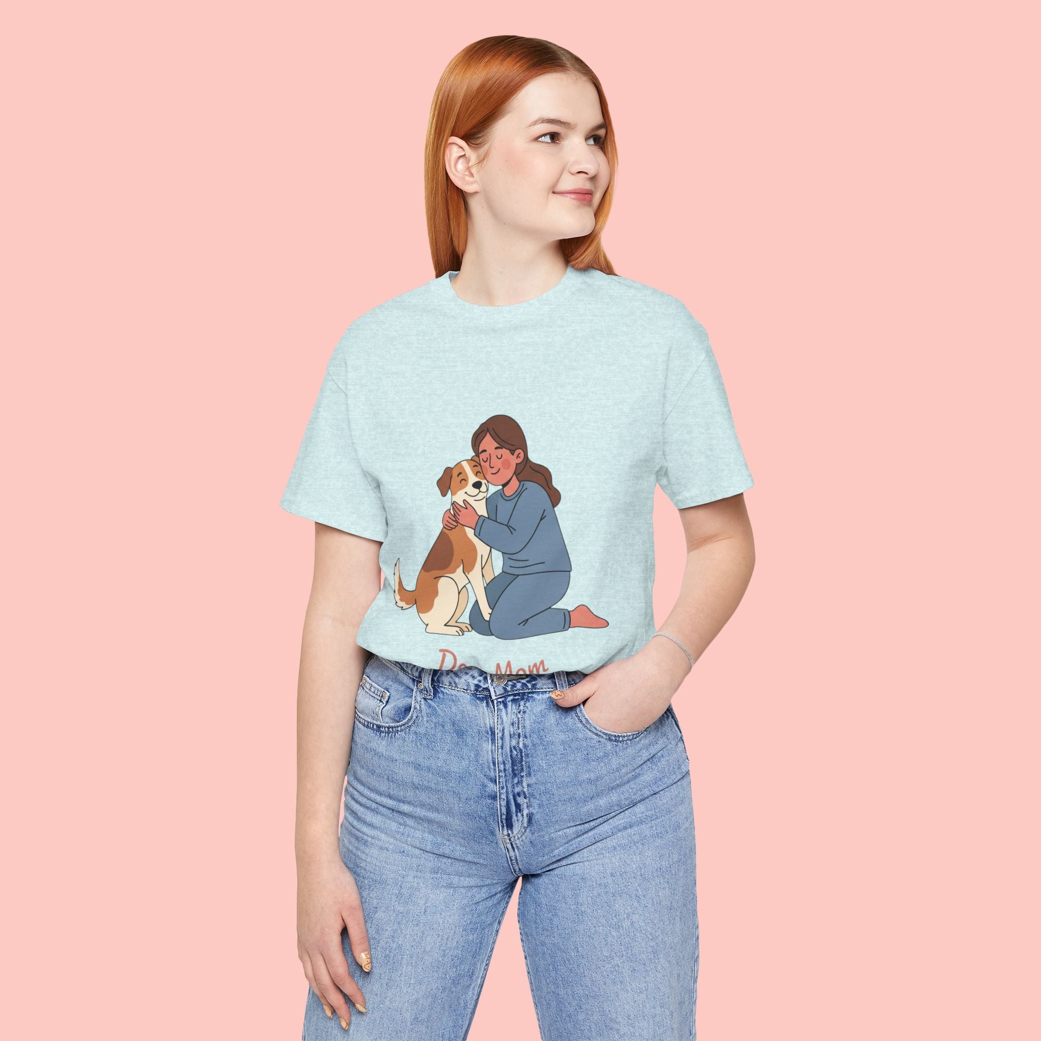 Dog Mom T‑Shirt — Cute Woman Hugging Dog Graphic Tee