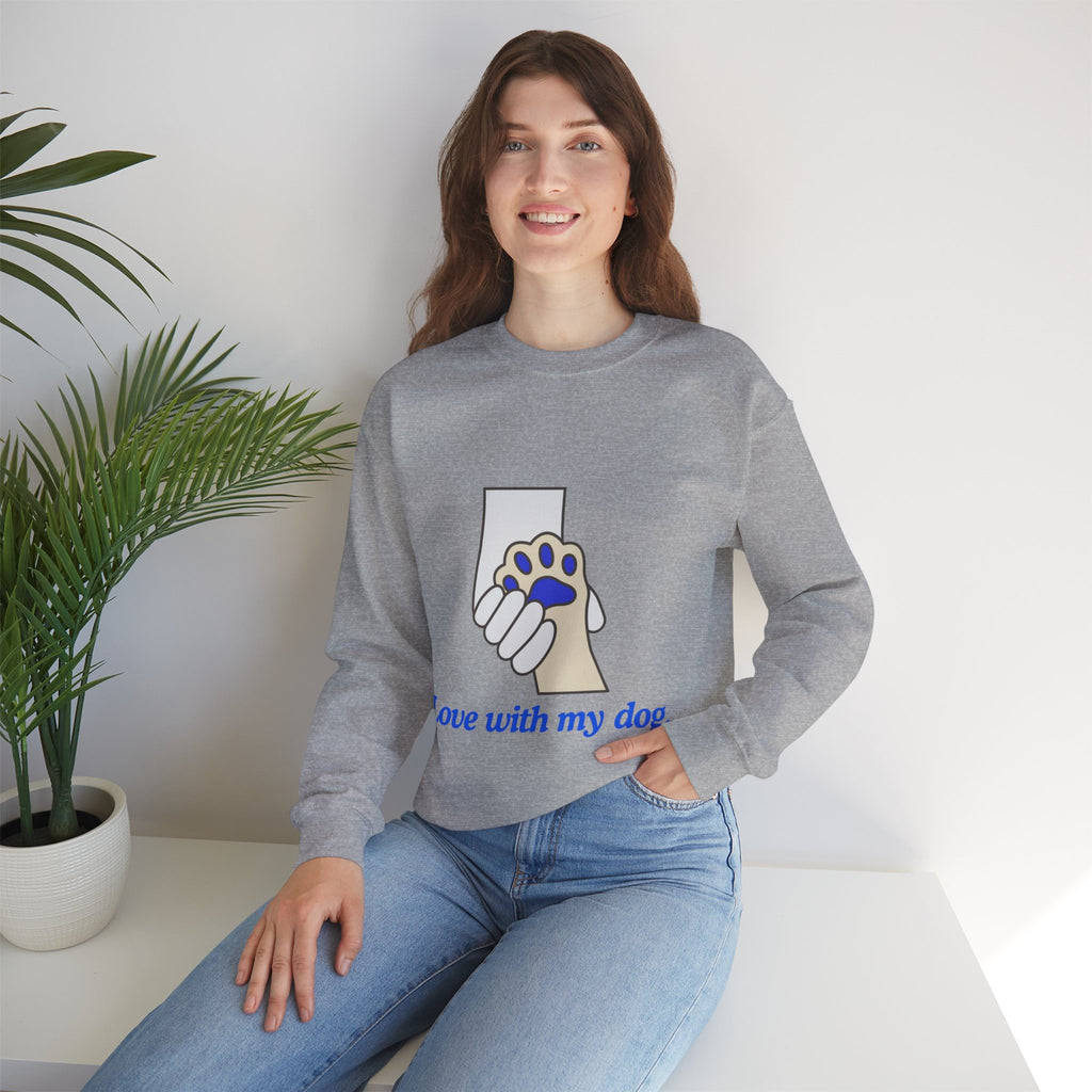 Dog Lover Crewneck Sweatshirt — "Love with my dog." Paw & Hold Graphic