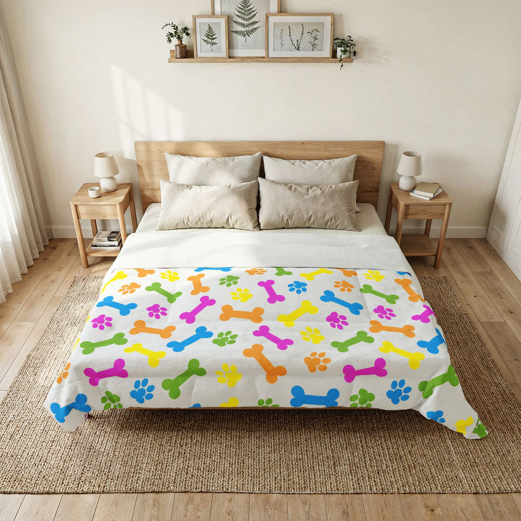 Colorful Dog Bone & Paw Print Cotton Comforter — Pet Lover Bedspread