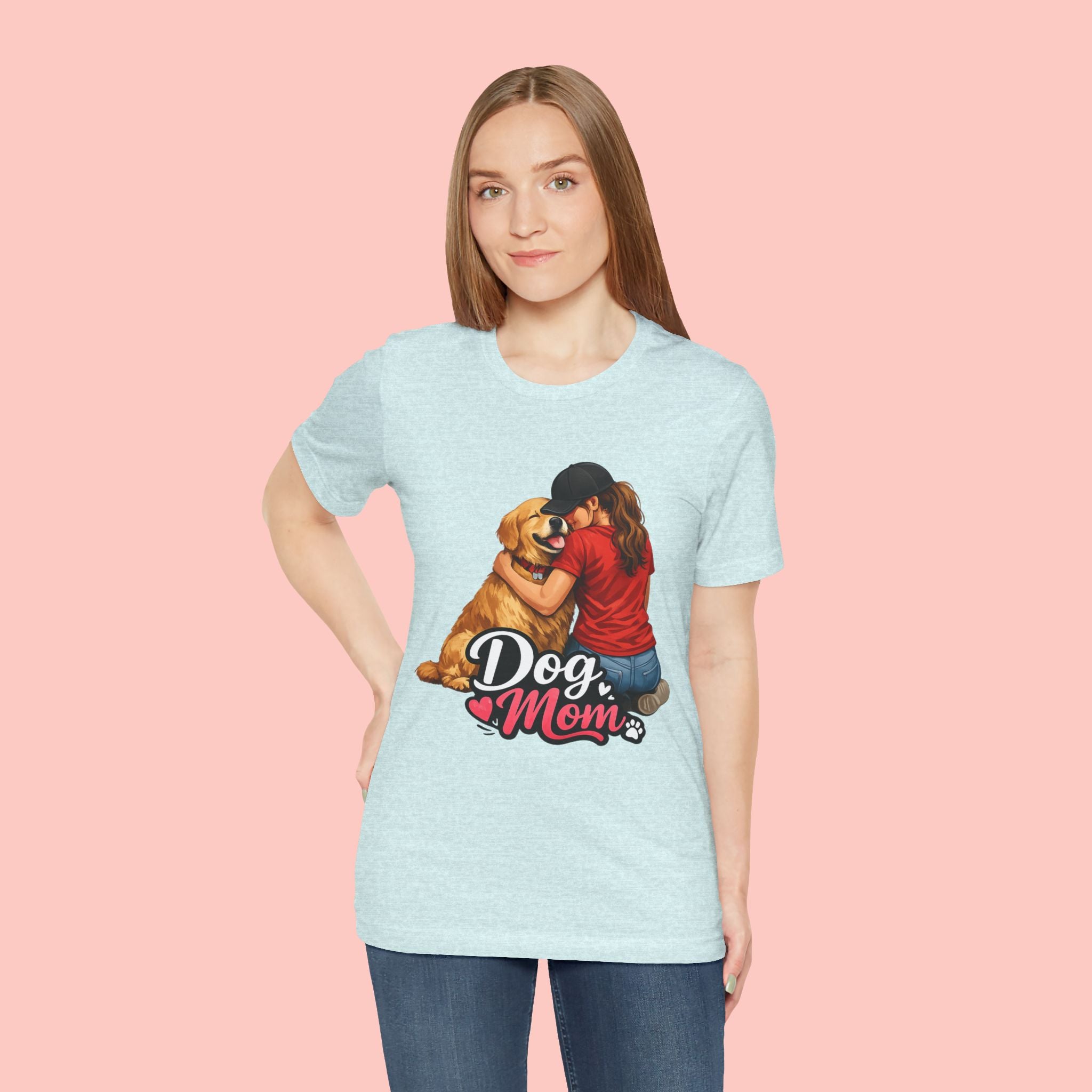 Dog Mom T-Shirt - Cute Woman Hugging Golden Retriever Tee